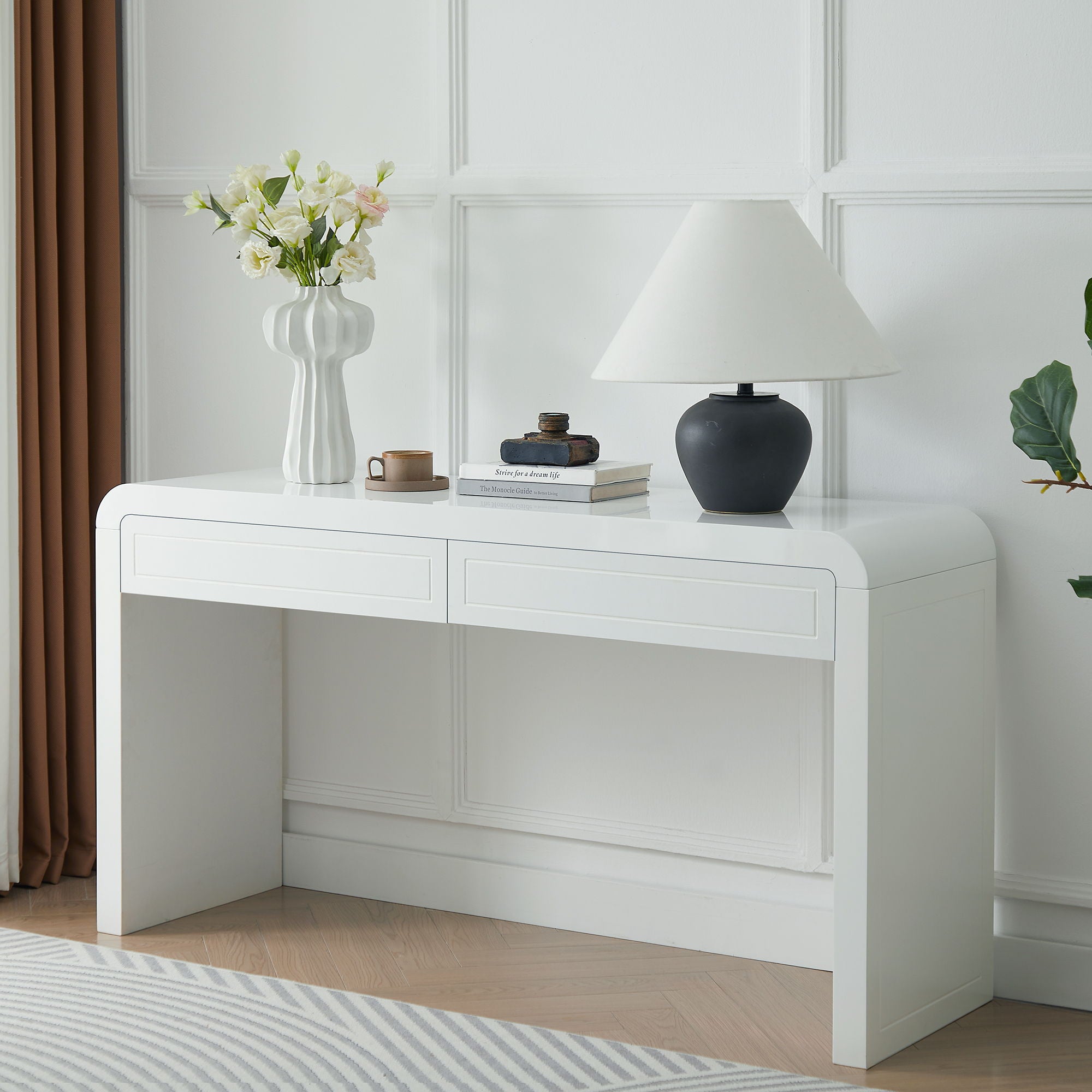Curved Console Table With Storage, 2 Drawers - White