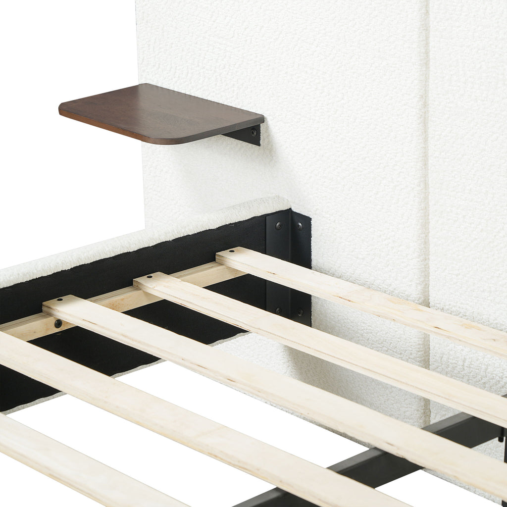 King Upholstered Platform Bed Frame With Curved Headboard, Built-In Floating Shelves, Wood Slats And Metal Support - White & Brown