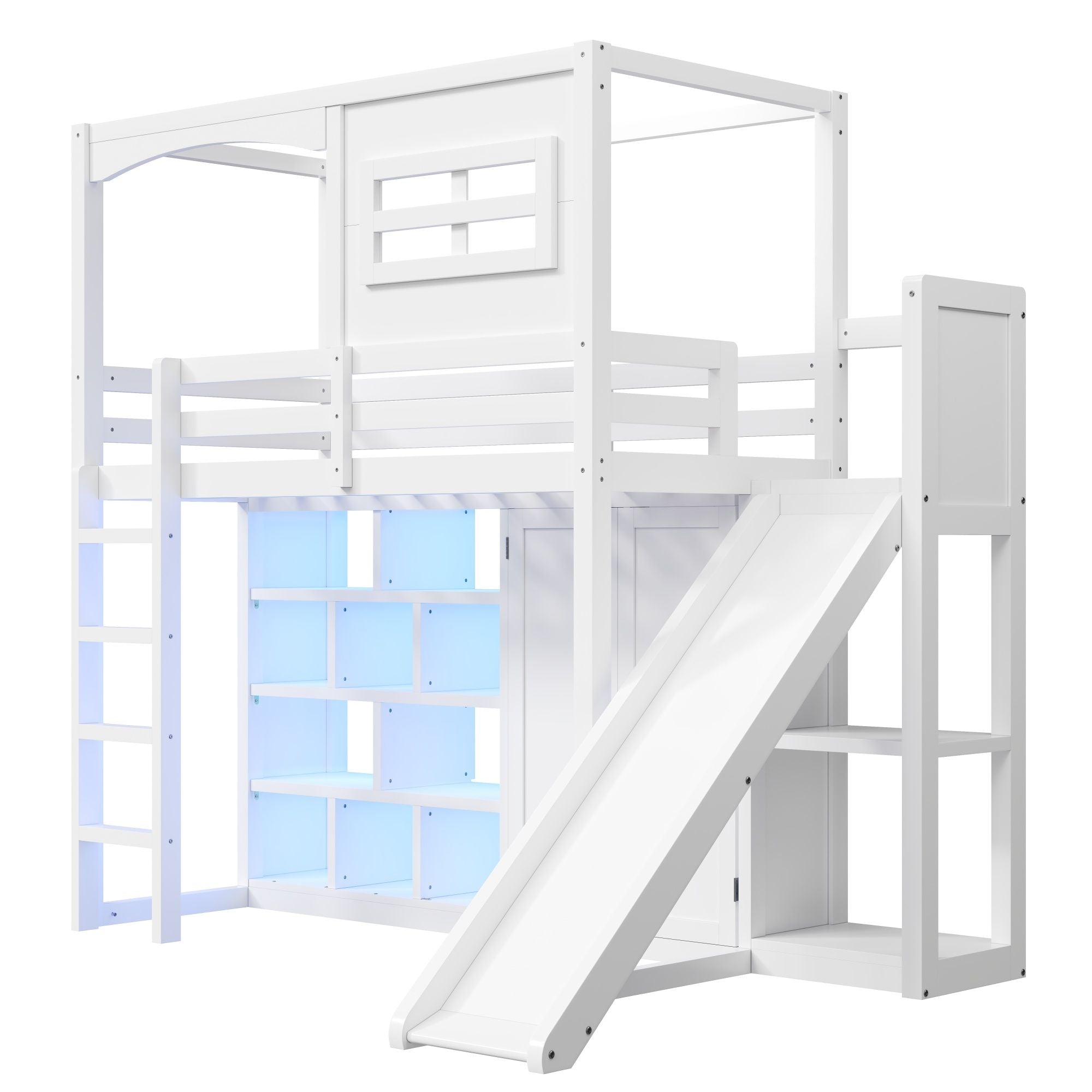 Twin Size Loft Bed With Wardrobe, Storage Shelves, Slide And LED - White