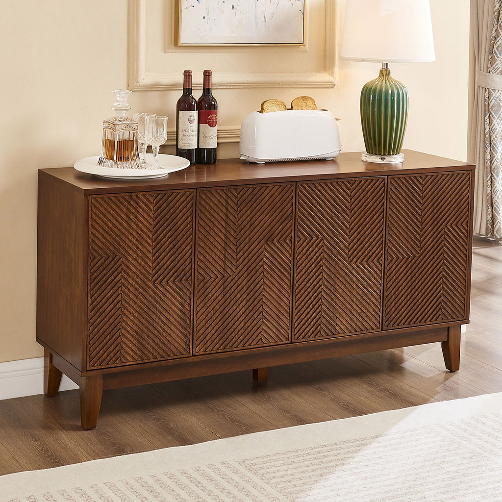 TV Stand With Carved Geometric Doors Storage Cabinet, 4 Door Media Console For Living Room - Walnut