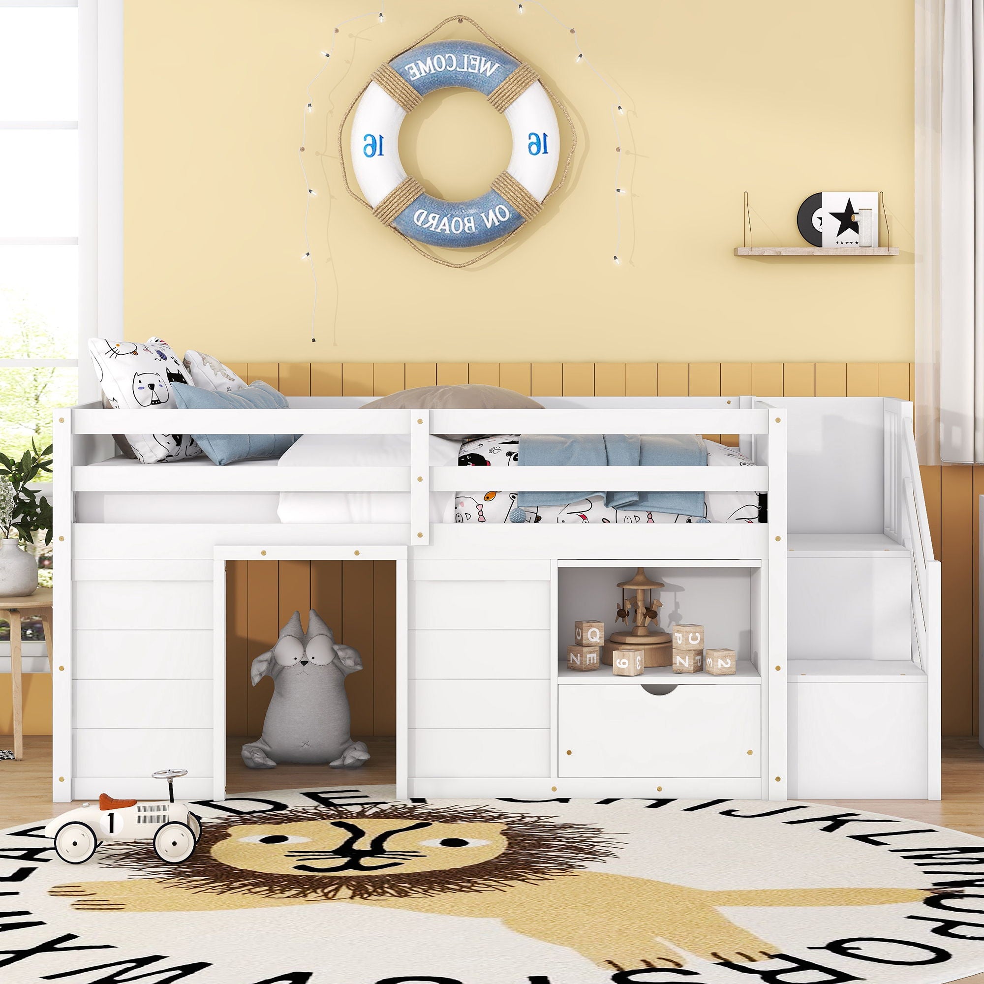 Low Loft Bed With Stair, Drawer, And Shelf