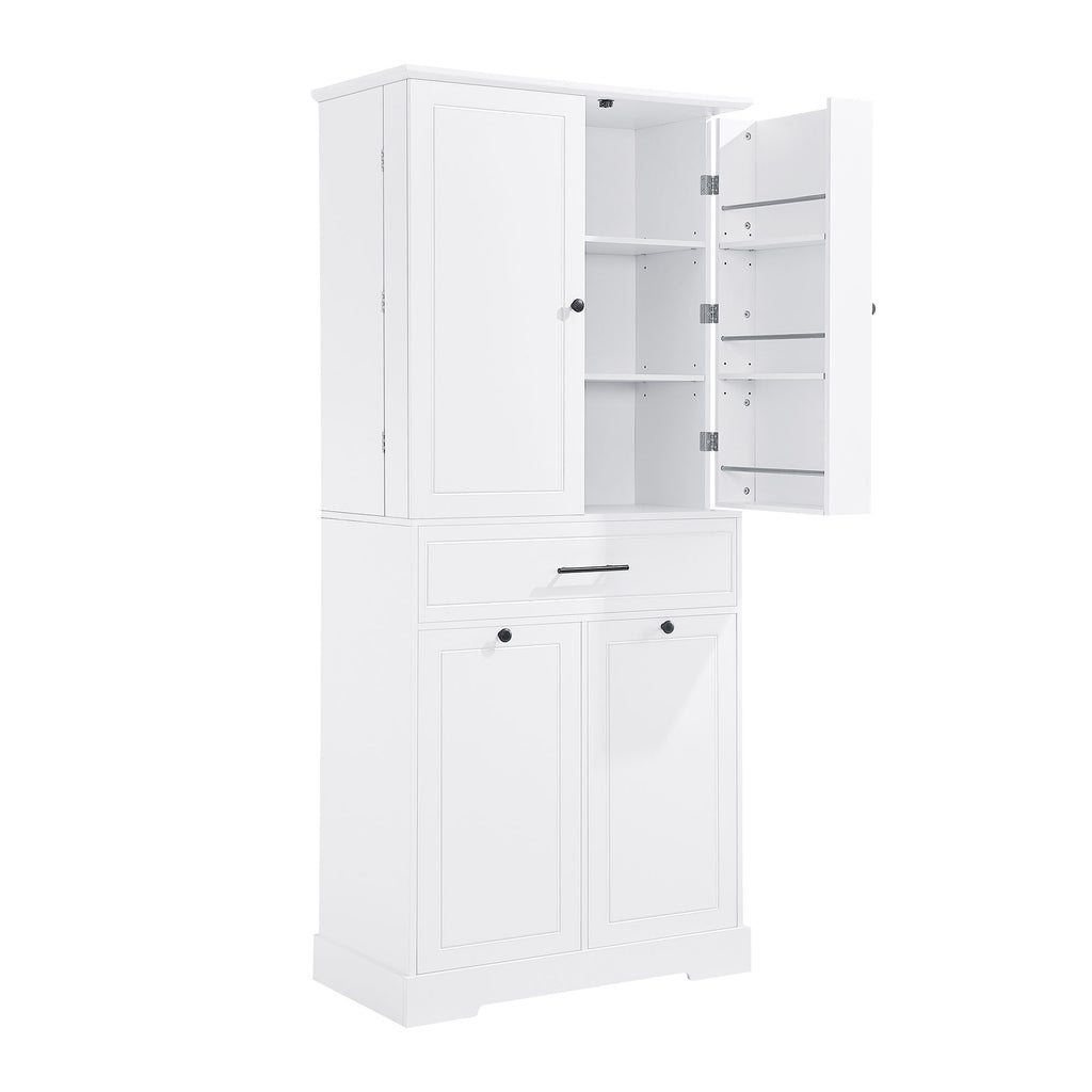 Freestanding Bathroom Storage Cabinet With Doors, Drawers, And Tilt Out Laundry Hamper - White