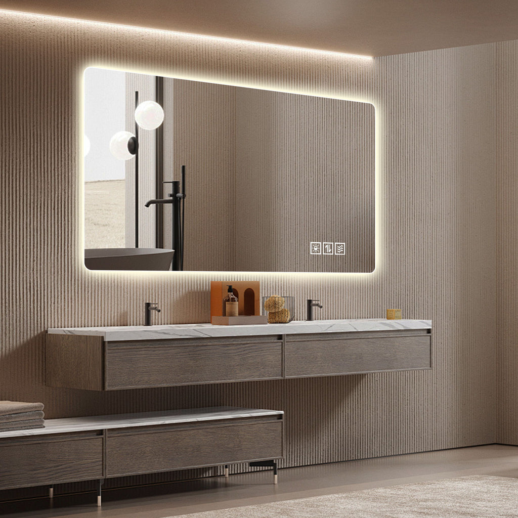 Wall Mounted LED Lighting Mirror With 3 Color Lighting, Dimming, Waterproof, Anti Fog, Touch Switch - Silver
