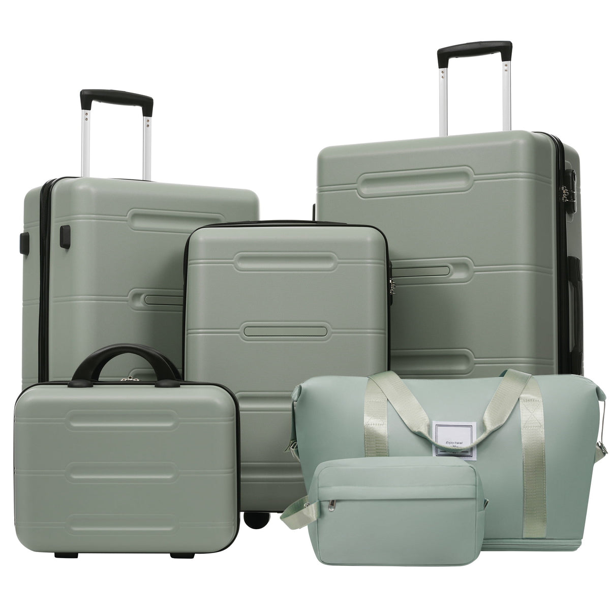 6 Piece Lightweight Hardshell Luggage Set With Double Spinner Wheels, Password Lock