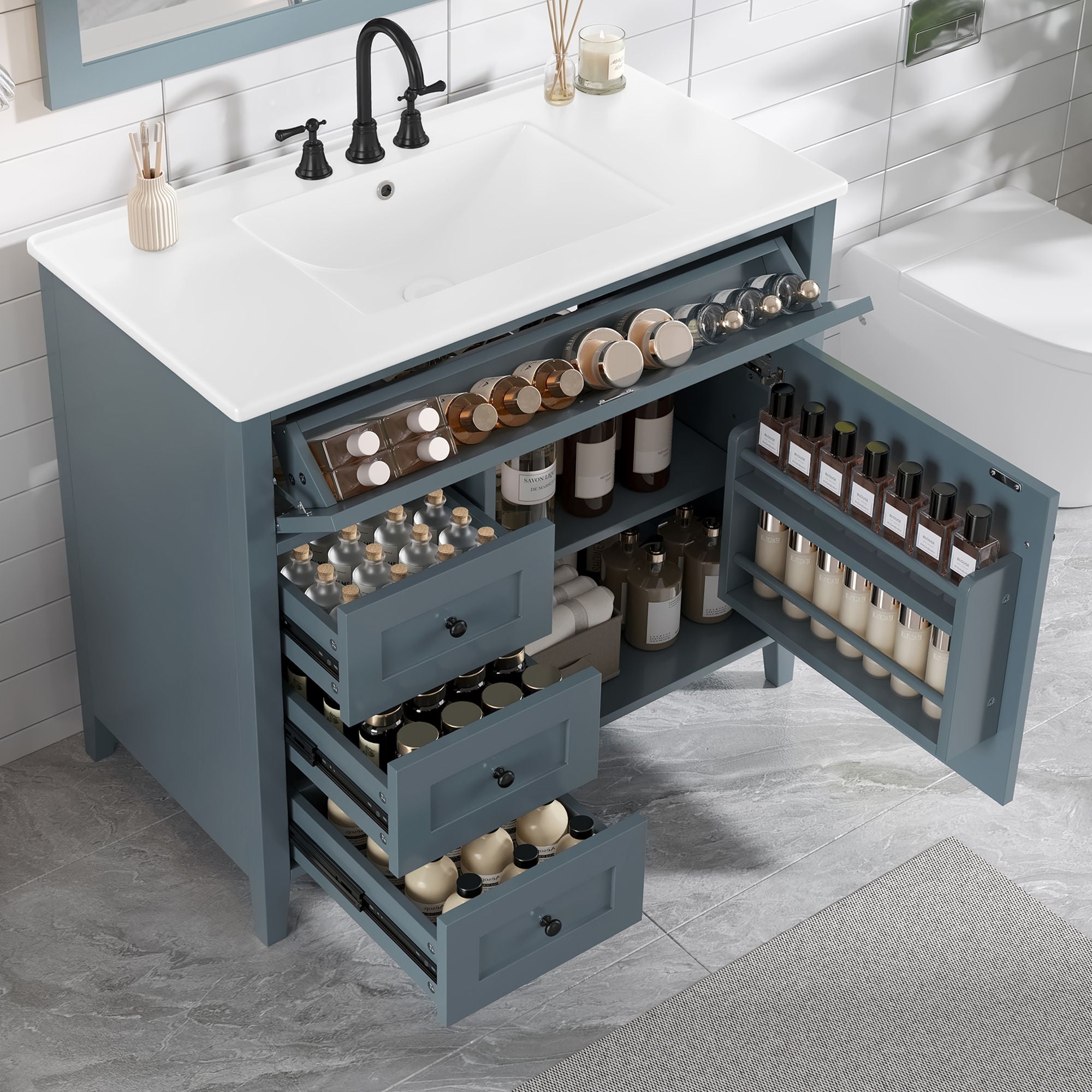 Bathroom Vanity With Sink, 3 Drawers & Cabinet With Adjustable Shelves