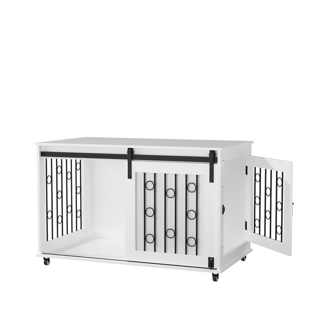 Dog Crate With Sliding Barn Door And Side Access, Lockable Wheels For Small To Medium Dogs - White