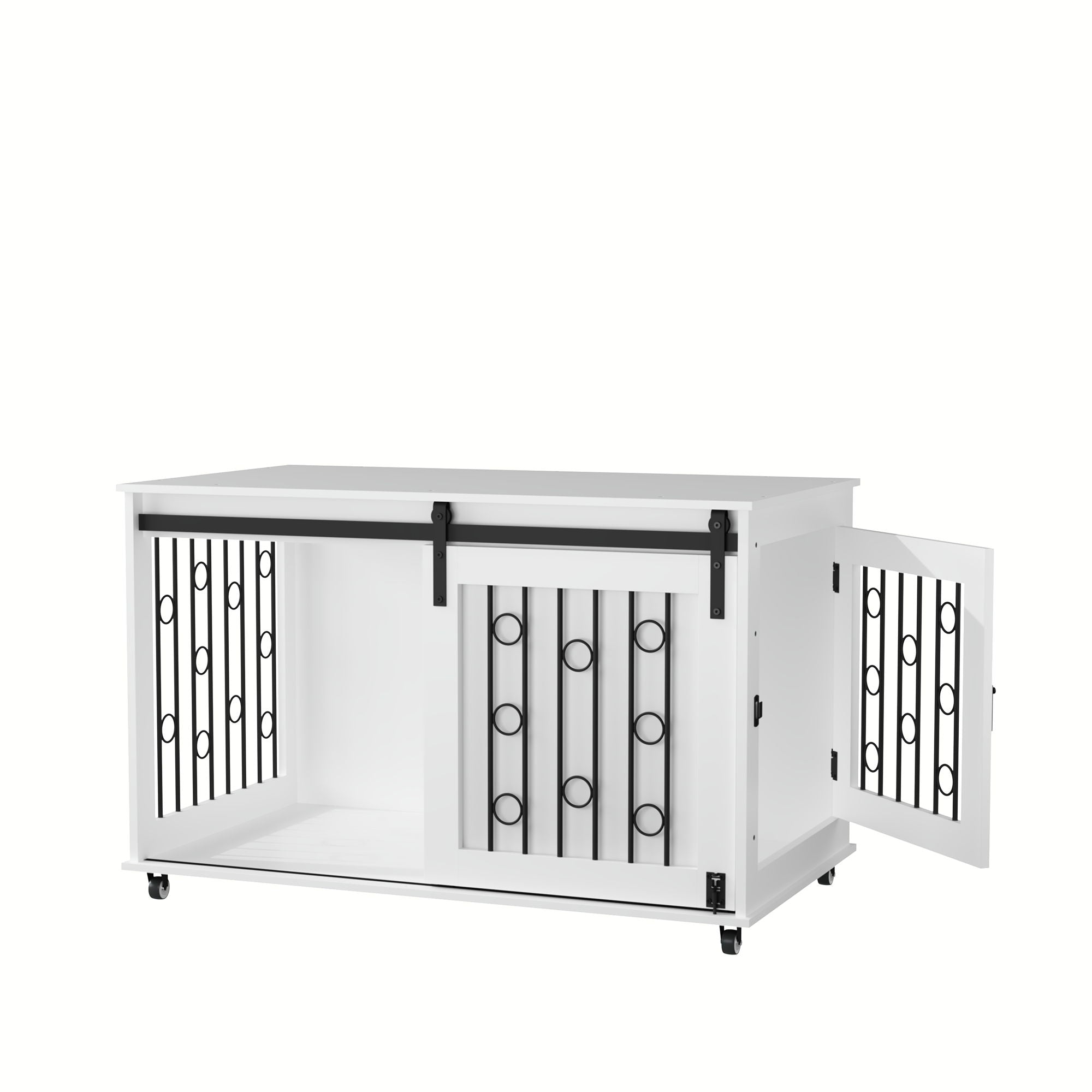 Dog Crate With Sliding Barn Door And Side Access, Lockable Wheels For Small To Medium Dogs - White