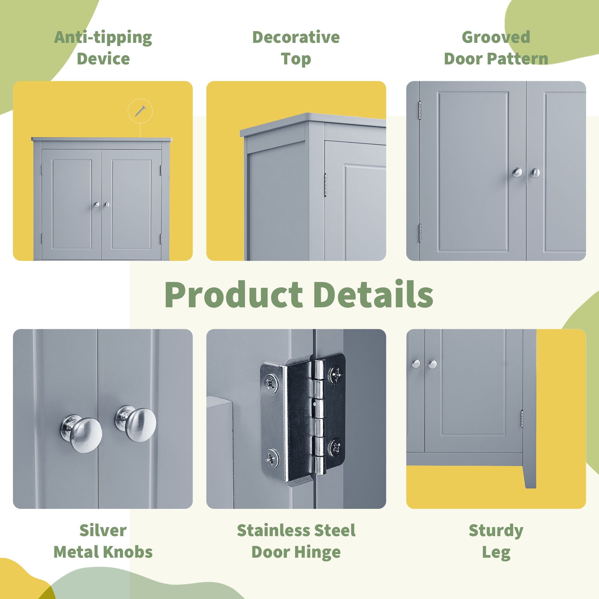 Elegant Bathroom Floor Storage Cabinet With 4 Doors, Adjustable Shelves