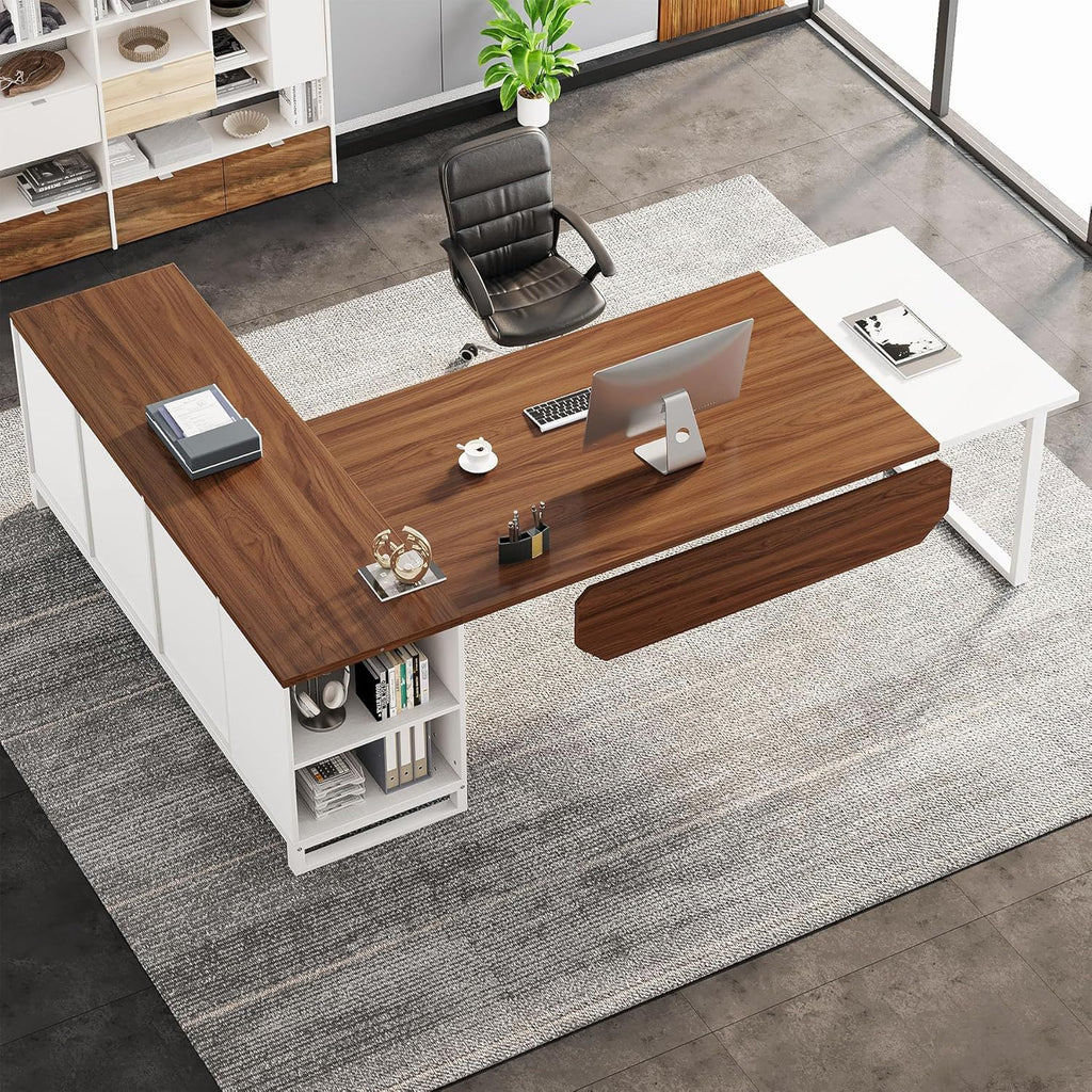 L-Shaped Executive Desk With File Cabinet, Large Workspace For Home Office - White / Walnut