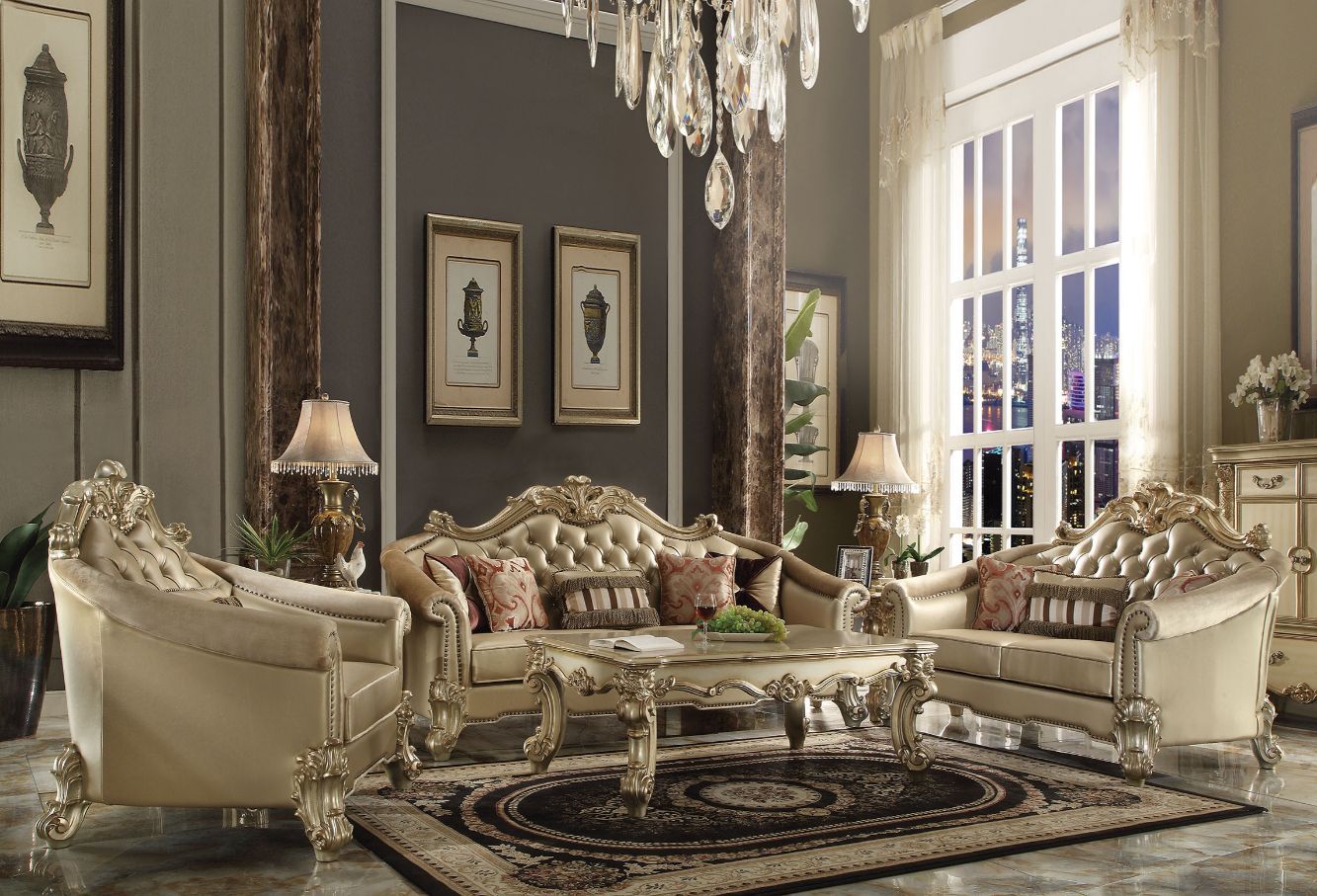 Vendome II - Sofa With 5 Pillows - Bone Synthetic Leather & Gold Patina