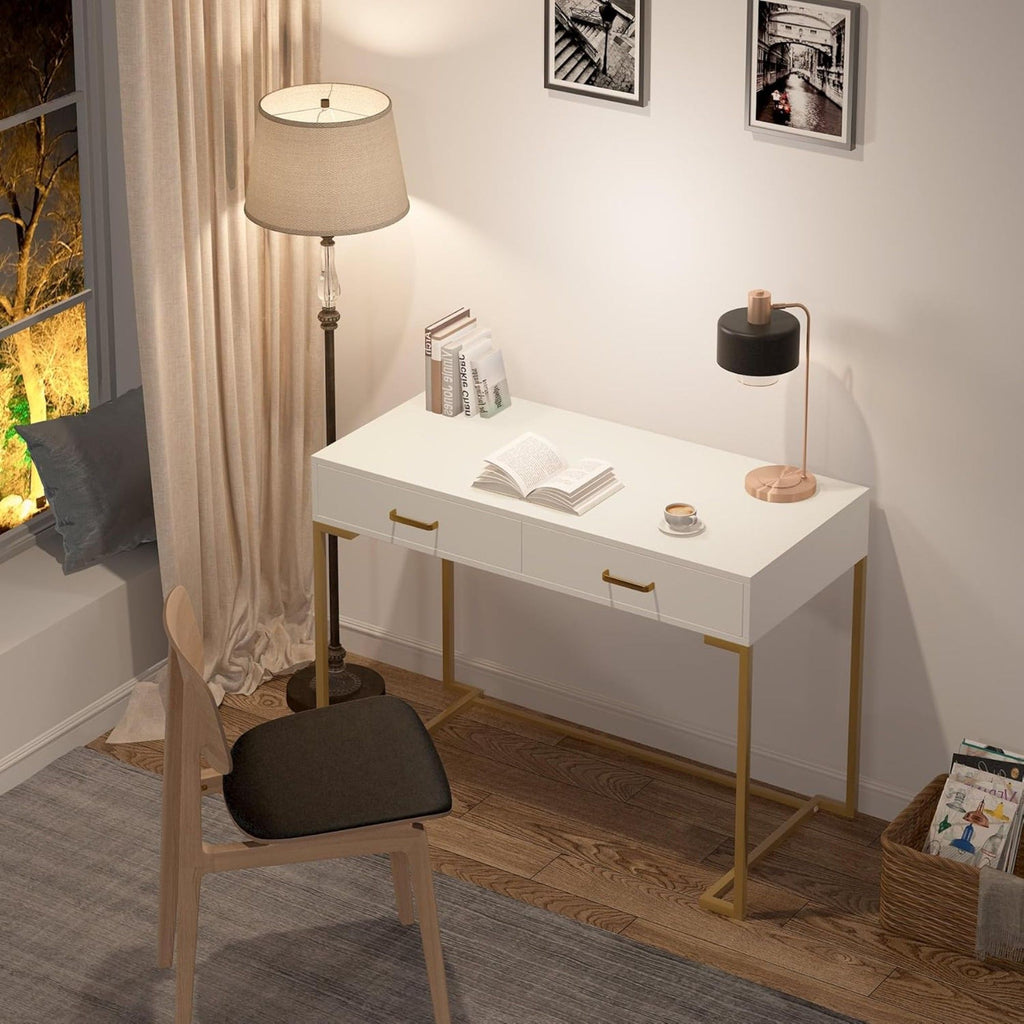 Minimalist Home Office Computer Desk With 2 Drawers, Compact Writing Table For Small Spaces - White / Gold