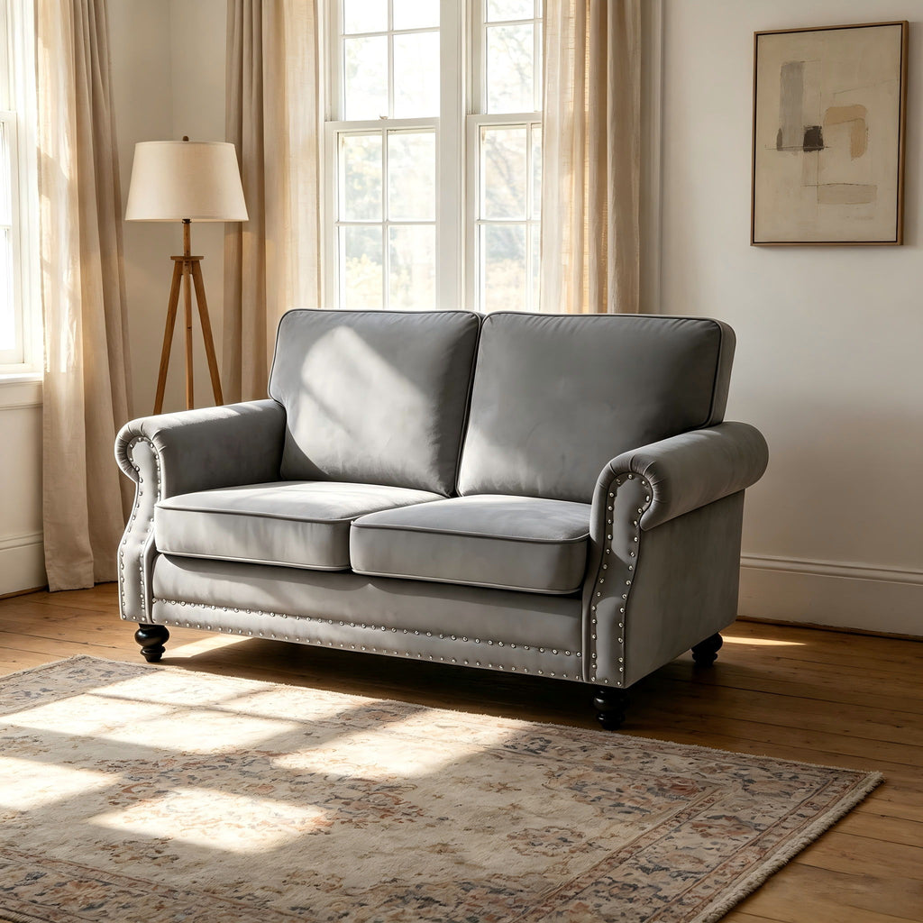 Loveseat Sofa With Nailhead Detail & Turned Legs, 2 Seater Upholstered Couch