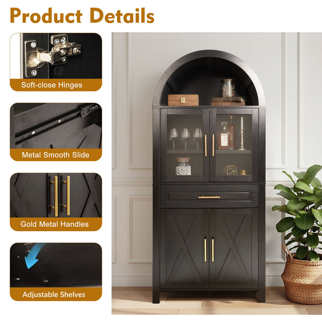 Arched Kitchen Pantry Cabinet With Adjustable Shelves And Barn Door Design