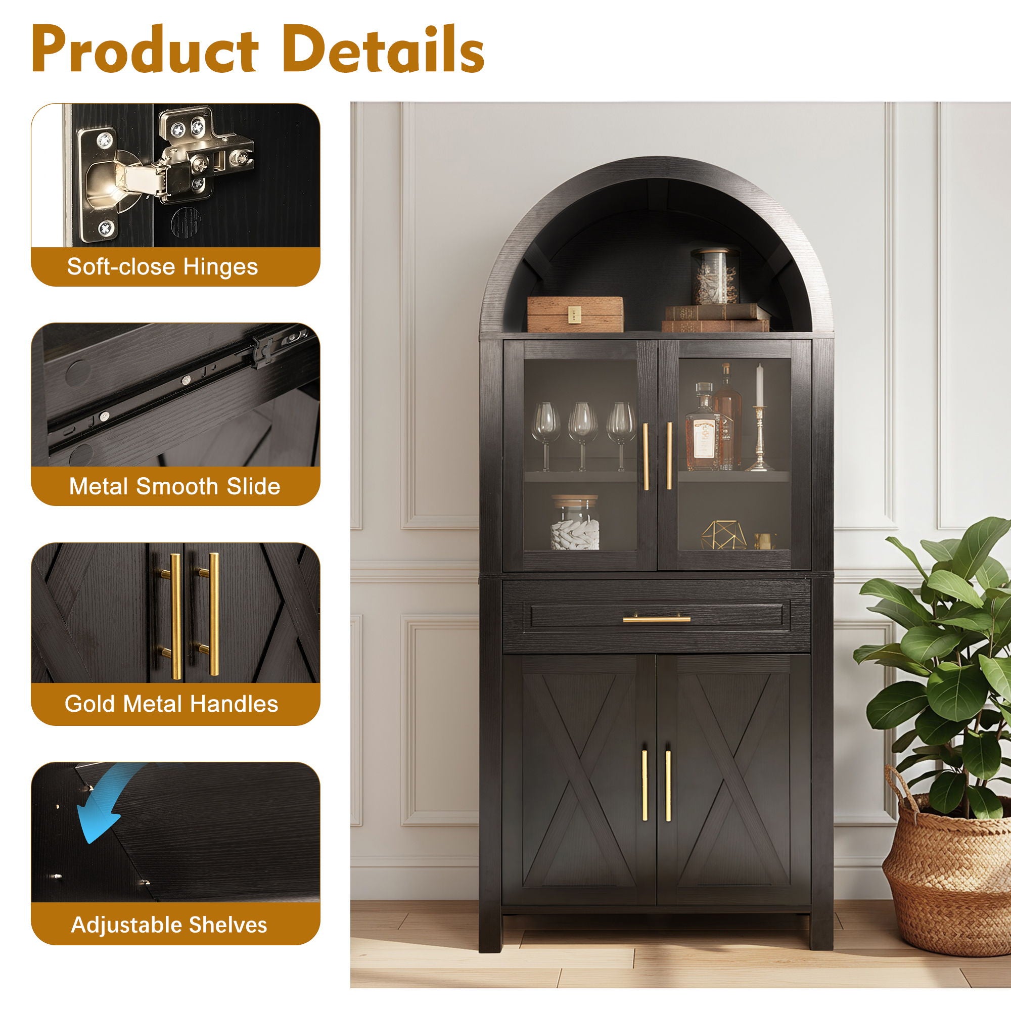 Arched Kitchen Pantry Cabinet With Adjustable Shelves And Barn Door Design