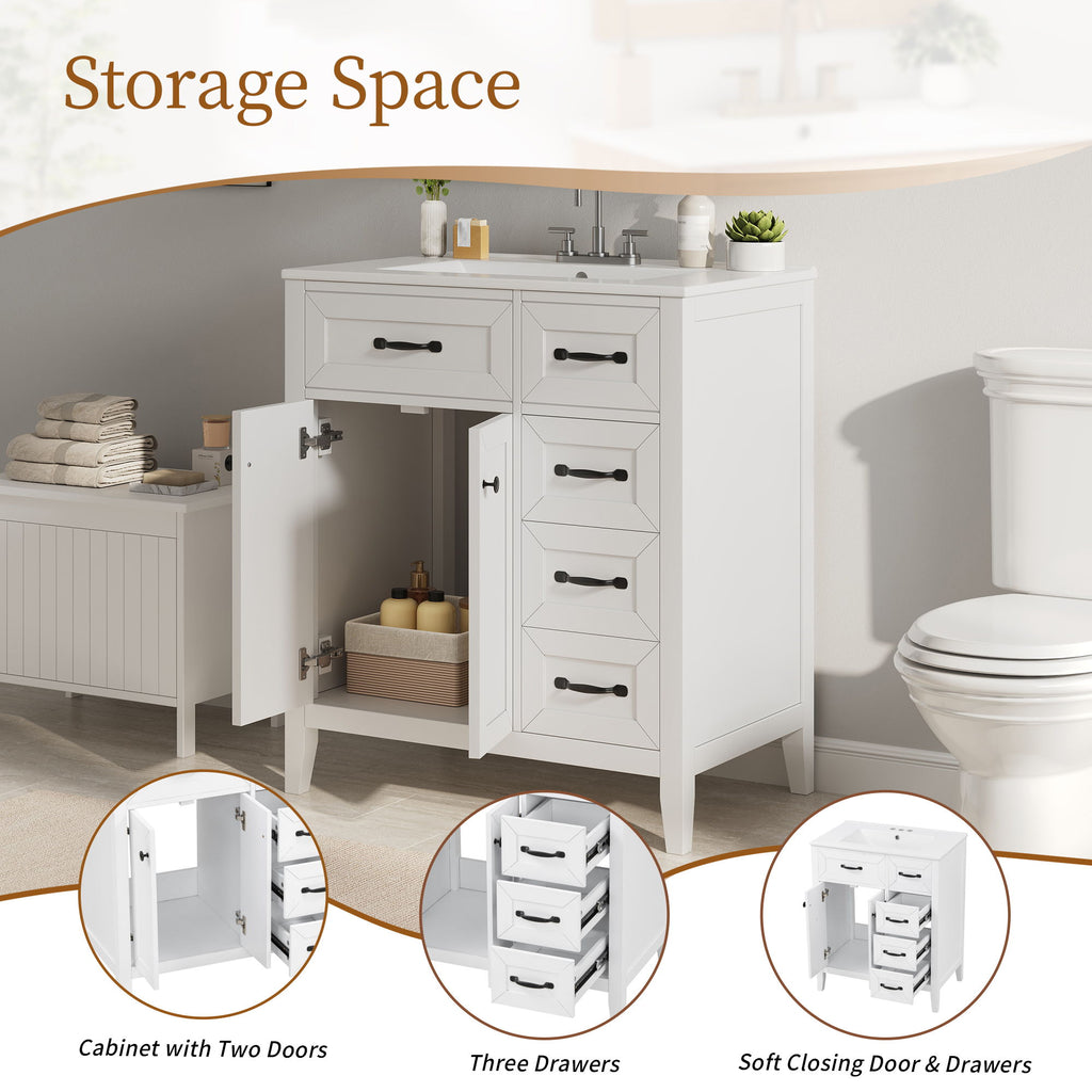 Bathroom Vanity With Sink, Freestanding Design, Soft Close Doors & Drawers - White