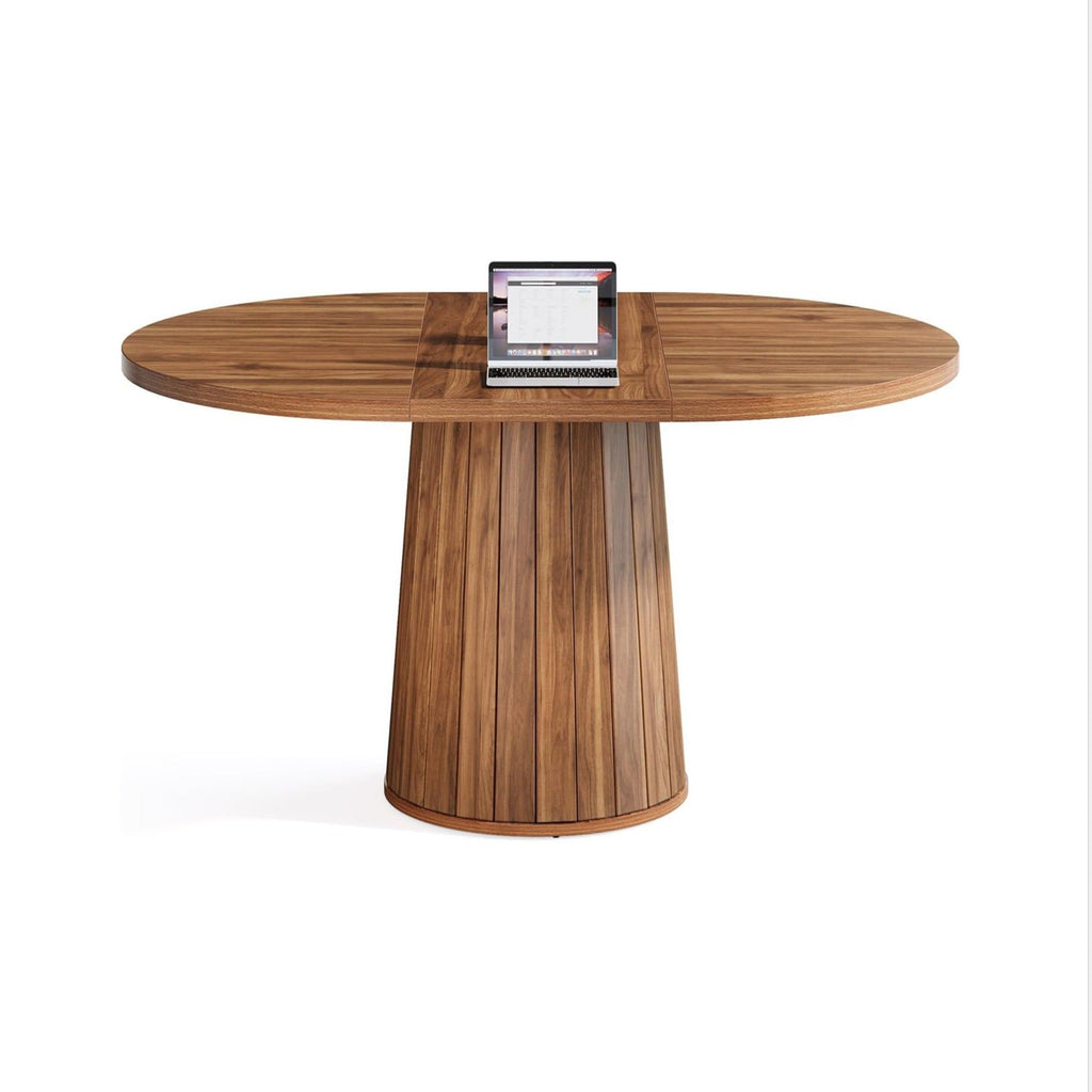 Oval Conference Table, Meeting Room Table With Cylindrical Base - Brown