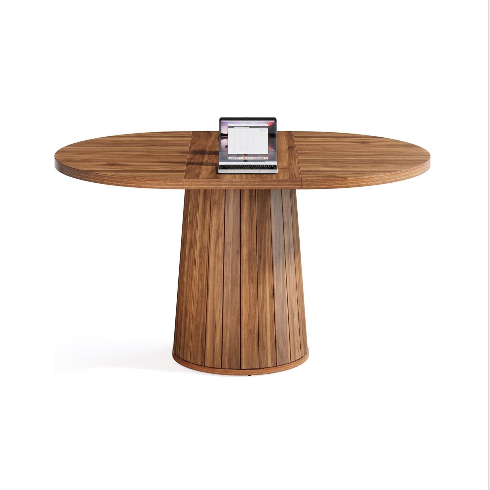 Oval Conference Table, Meeting Room Table With Cylindrical Base - Brown