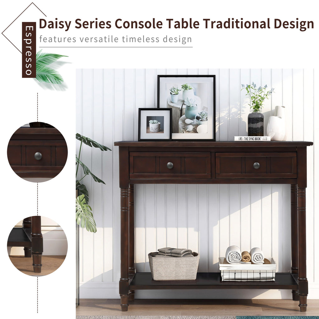 Hearth & Haven Emily Daisy - Console Table With 2 Drawers And Bottom Shelf - Espresso