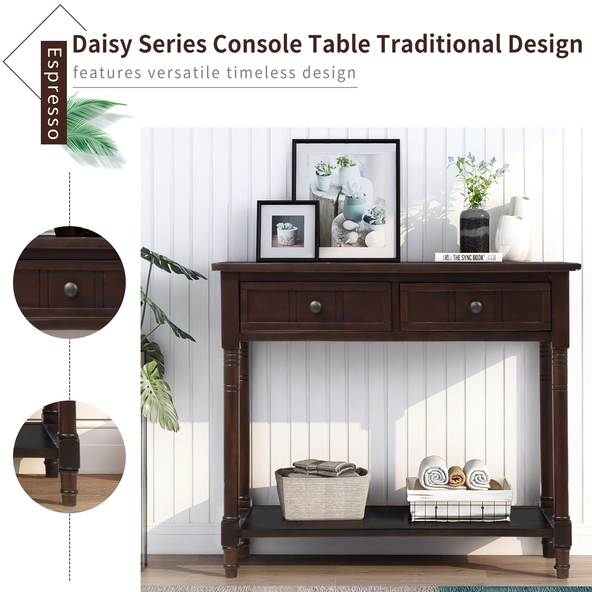 Hearth & Haven Emily Daisy - Console Table With 2 Drawers And Bottom Shelf - Espresso