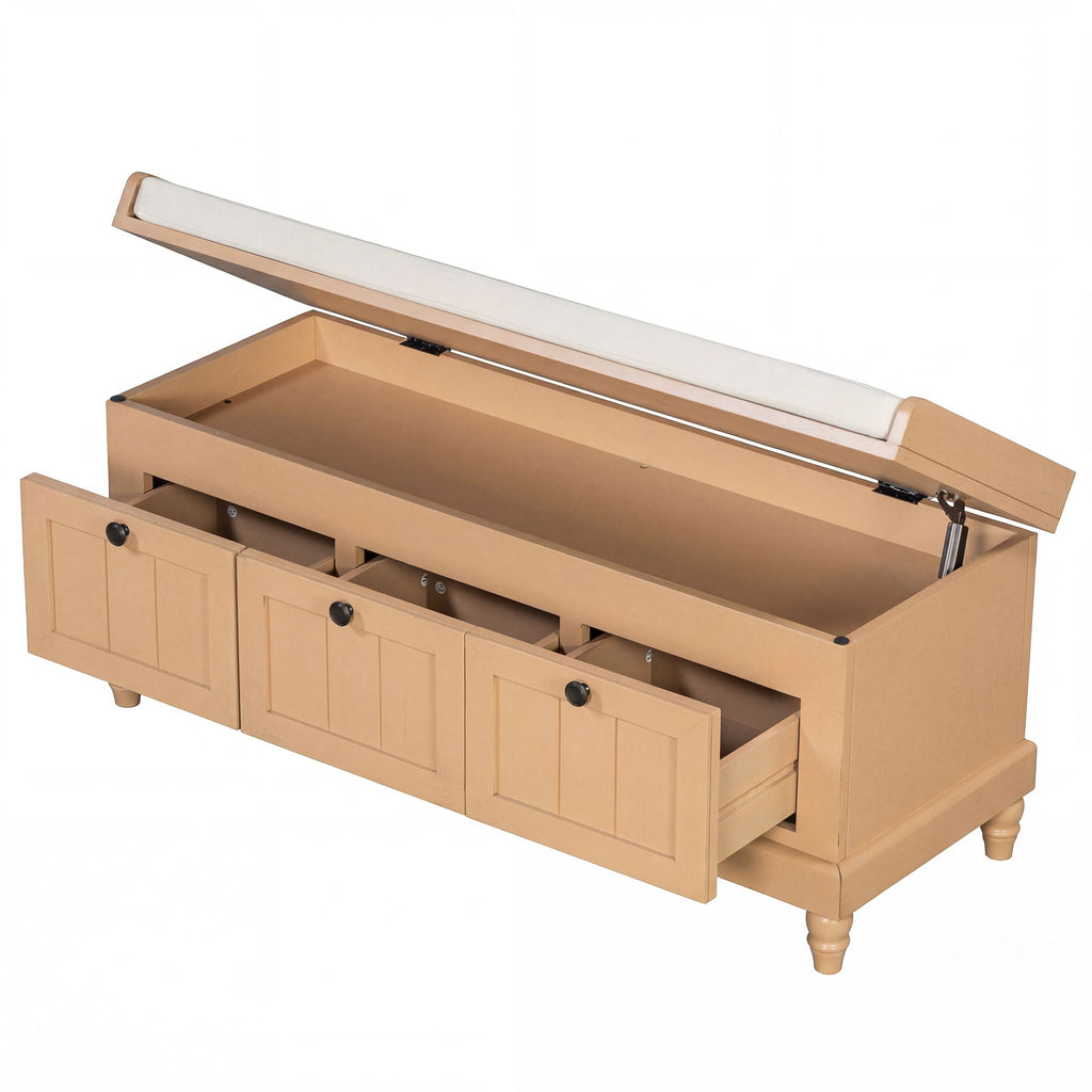 Shoe Bench With Cushion And 3 Drawers - Natural
