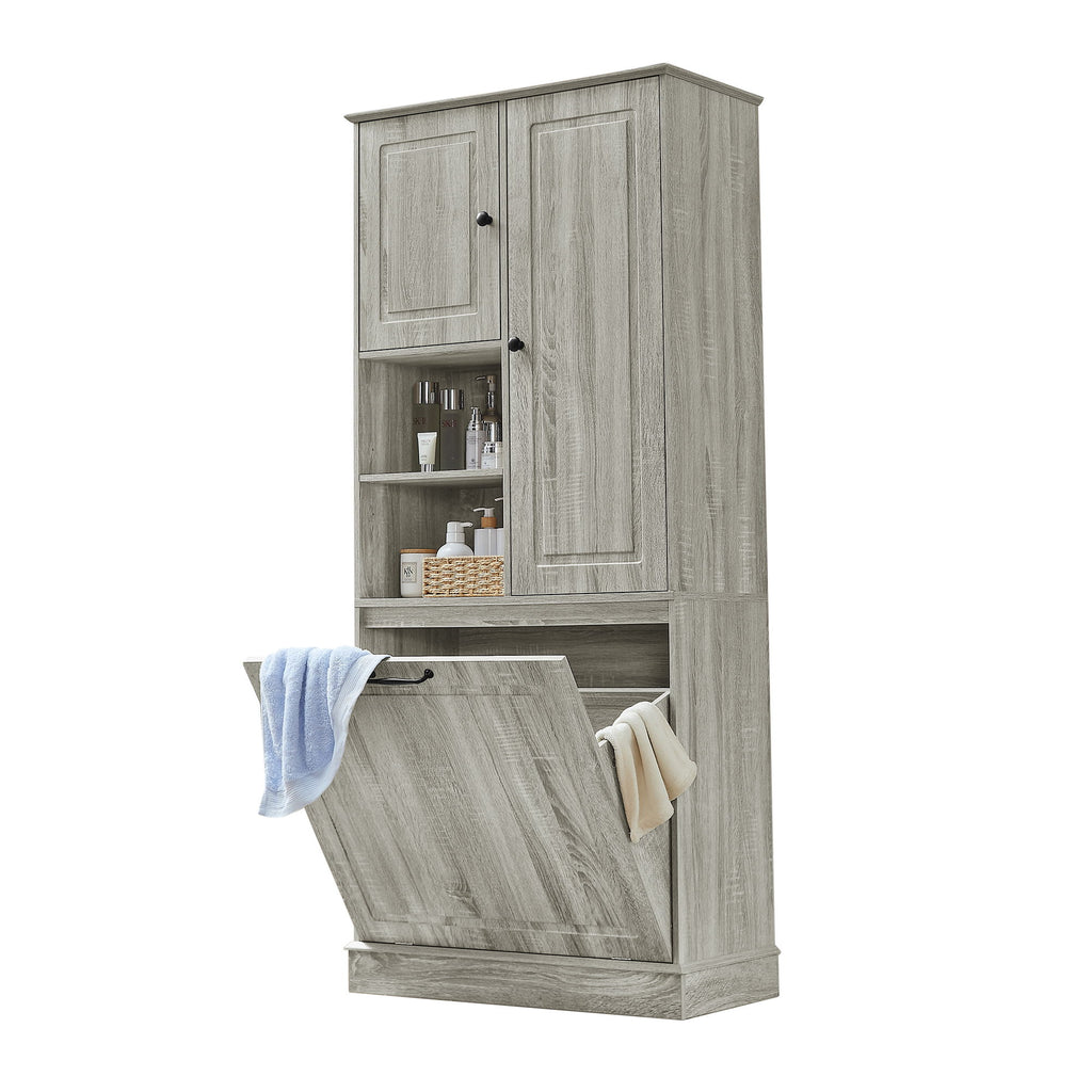 Modern Tall Storage Cabinet With Adjustable Shelves, Flip-Out Basket & Enclosed Doors