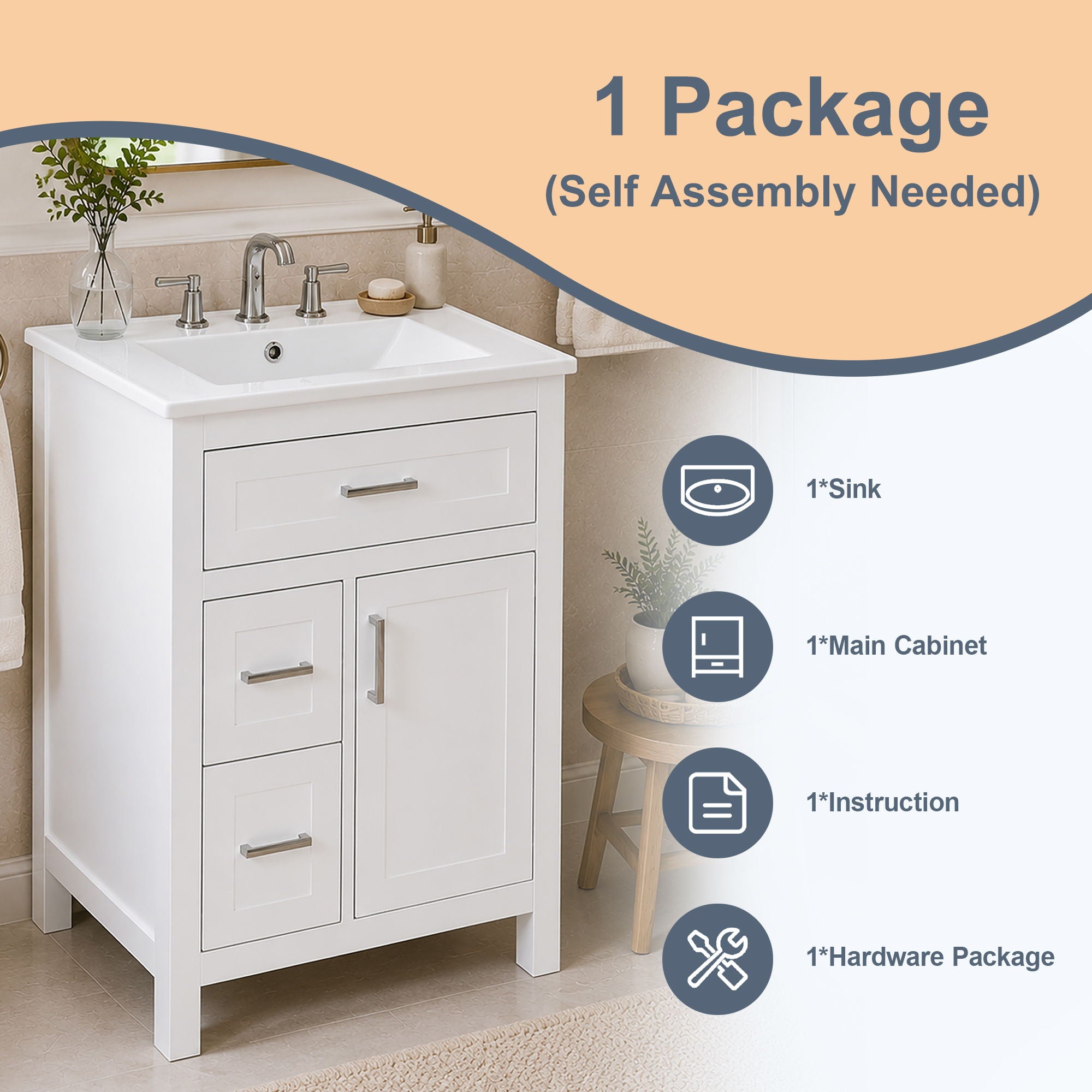 Modern Bathroom Vanity With Sink, Flip Drawer & 2 Drawers, Soft Close Hinges, Adjustable Shelf