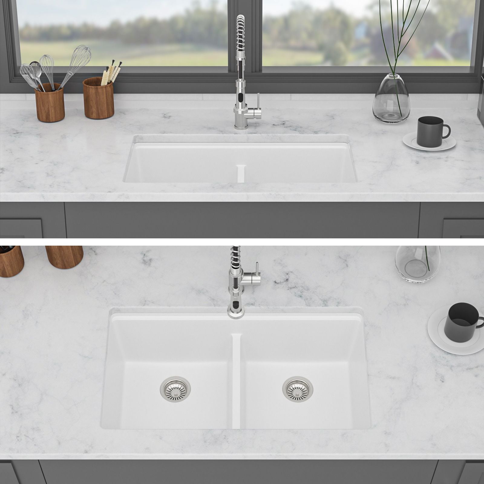 Quartz Kitchen Sink, Granite Composite Double Bowl, Undermount Workstation