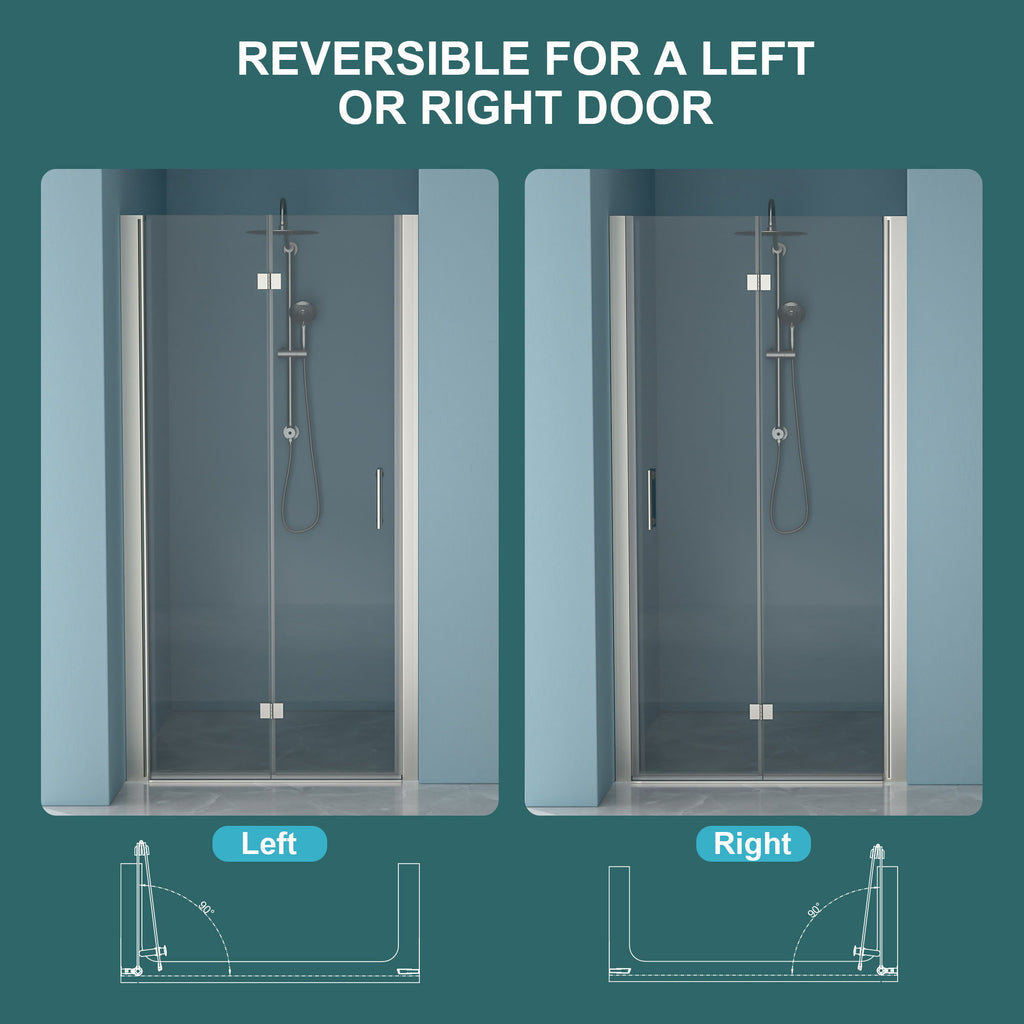 Fold Frameless Shower Door With Tempered Glass - Brushed Silver