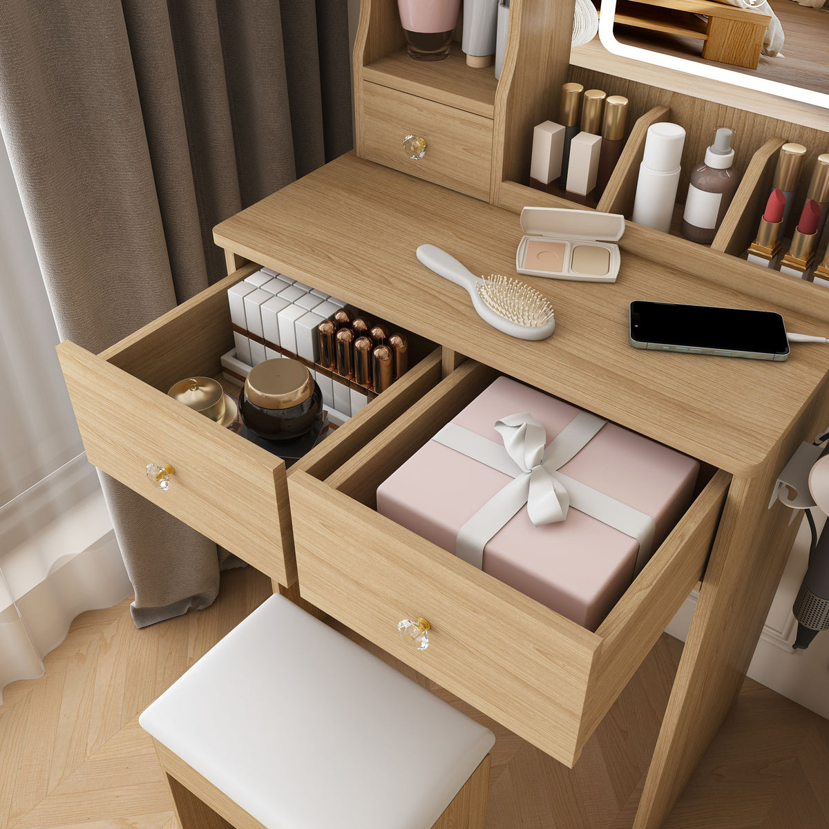 Small Vanity Desk With 3 LED Lighting Modes, 3 Drawers, Hair Dryer Holder, Power Socket, And Dressing Chair - Natural Walnut