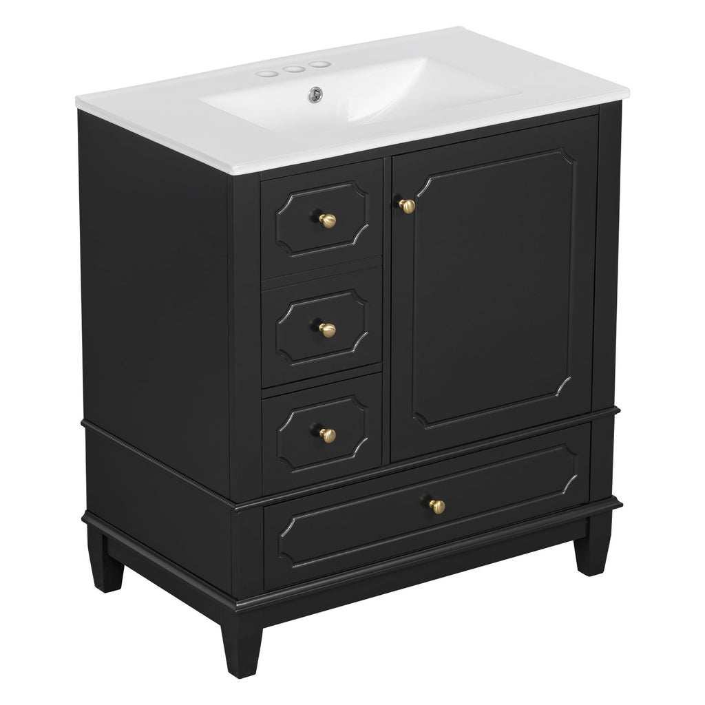 Bathroom Vanity With Sink, Freestanding Vanity Cabinet With Ceramic Basin, Soft Close Door, 3 Drawers
