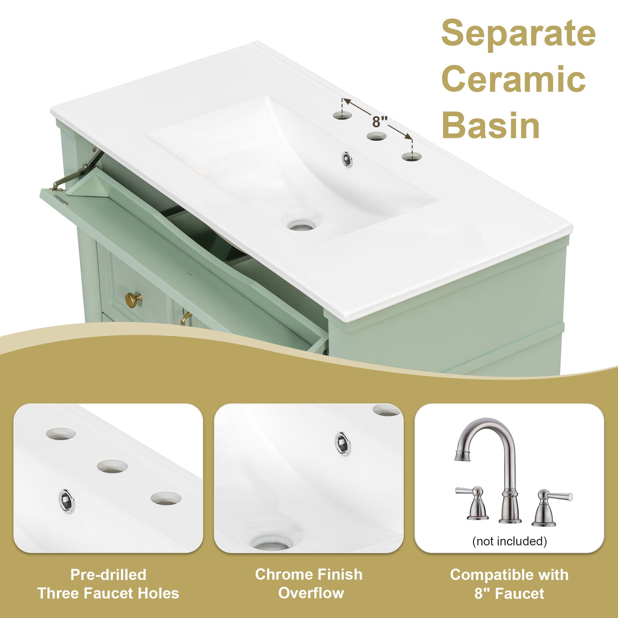 Freestanding Bathroom Vanity With Sink, Adjustable Shelf, Flip Drawer