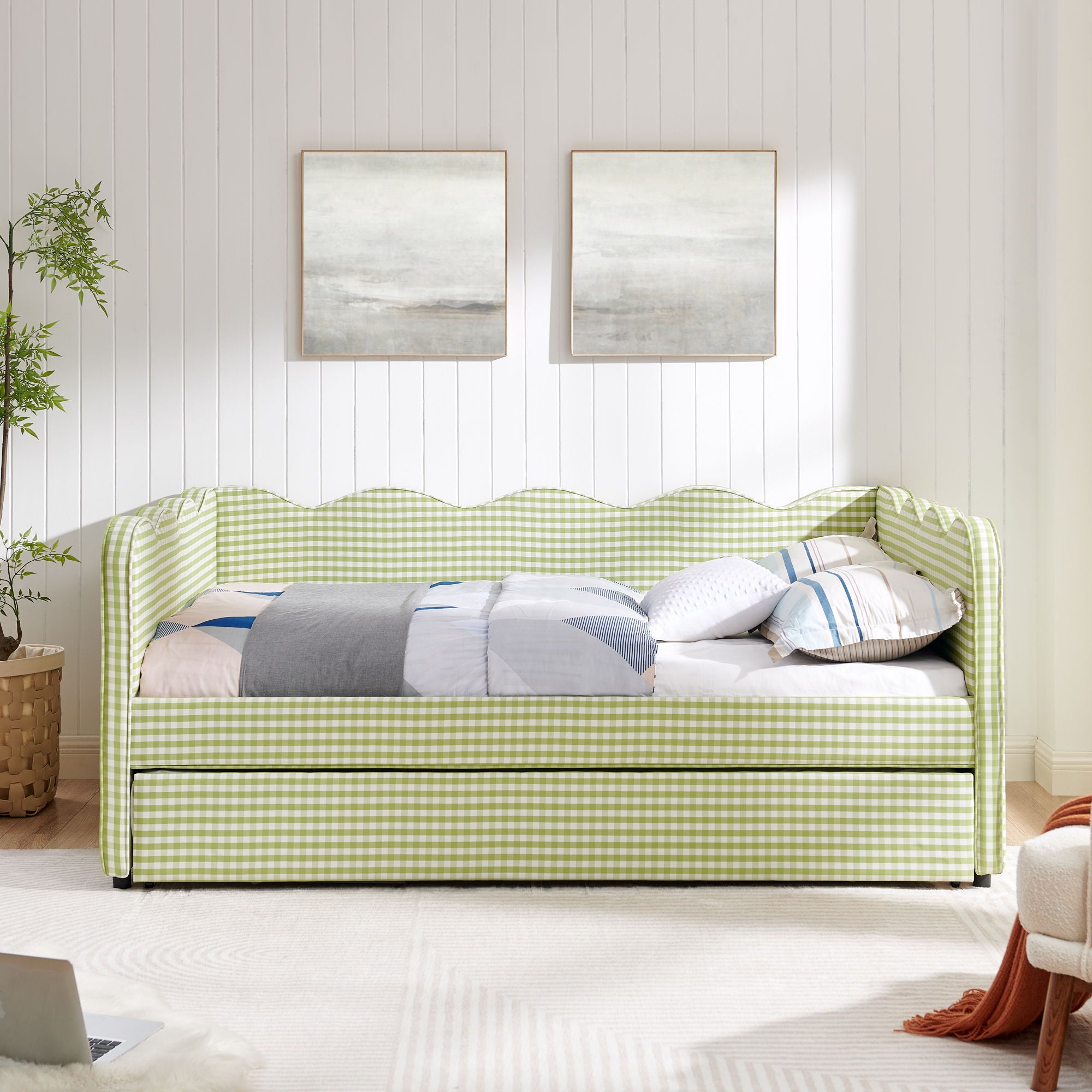 Gingham Daybed & USB Charging Port, Wave-Shaped Design