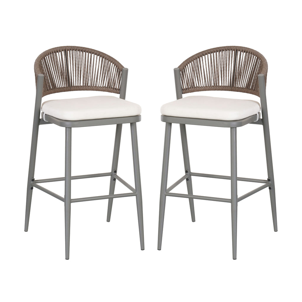 Outdoor Bar Height Metal Frame Counter Stools With Scallop Shaped Backrest & Water Resistant Cushions