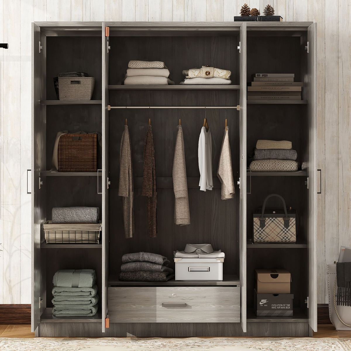 4 Door Wardrobe With 1 Drawer - Gray