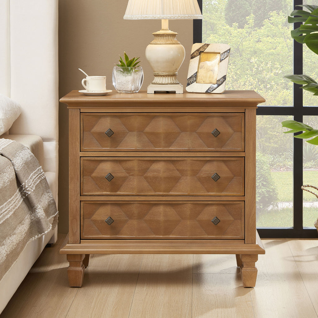 Nightstand With Charging Station, 3 Drawer Bedside Table - Natural Wood