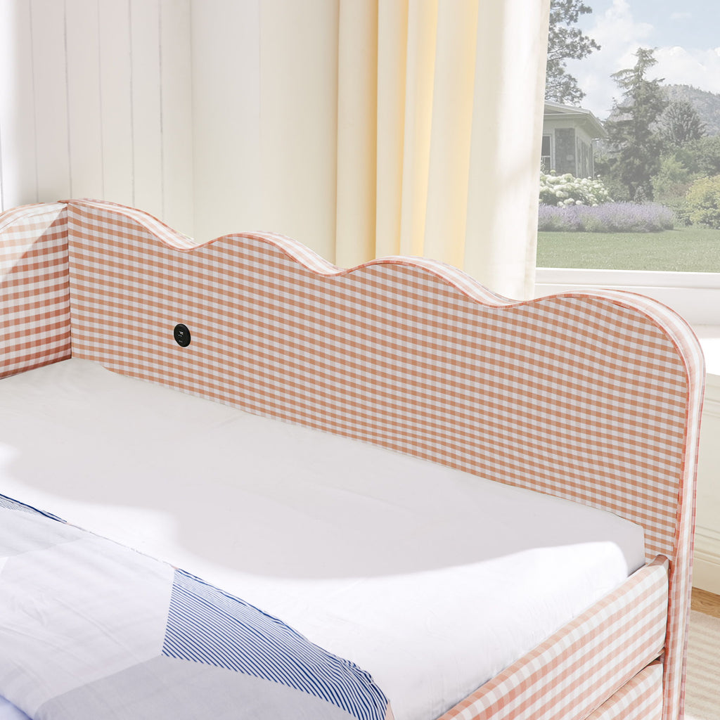 Gingham Daybed With USB Charging Port, Wave-Shaped Design