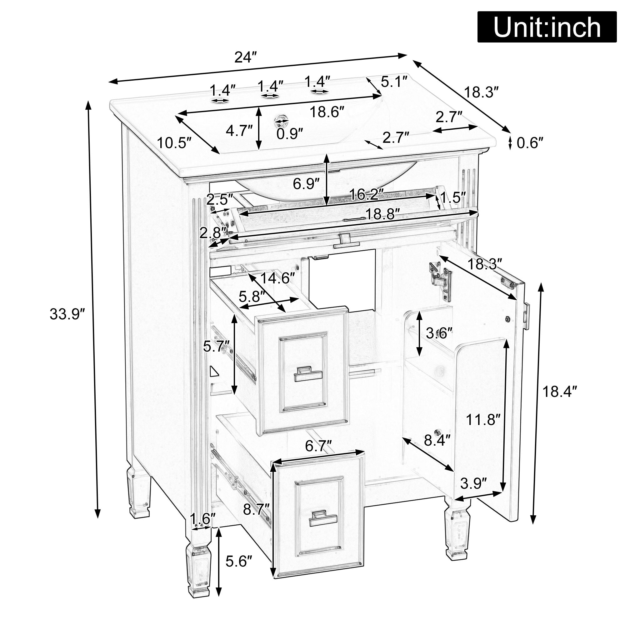 Modern Bathroom Vanity With Sink, Flip Drawer, 2 Drawers, Adjustable Shelf