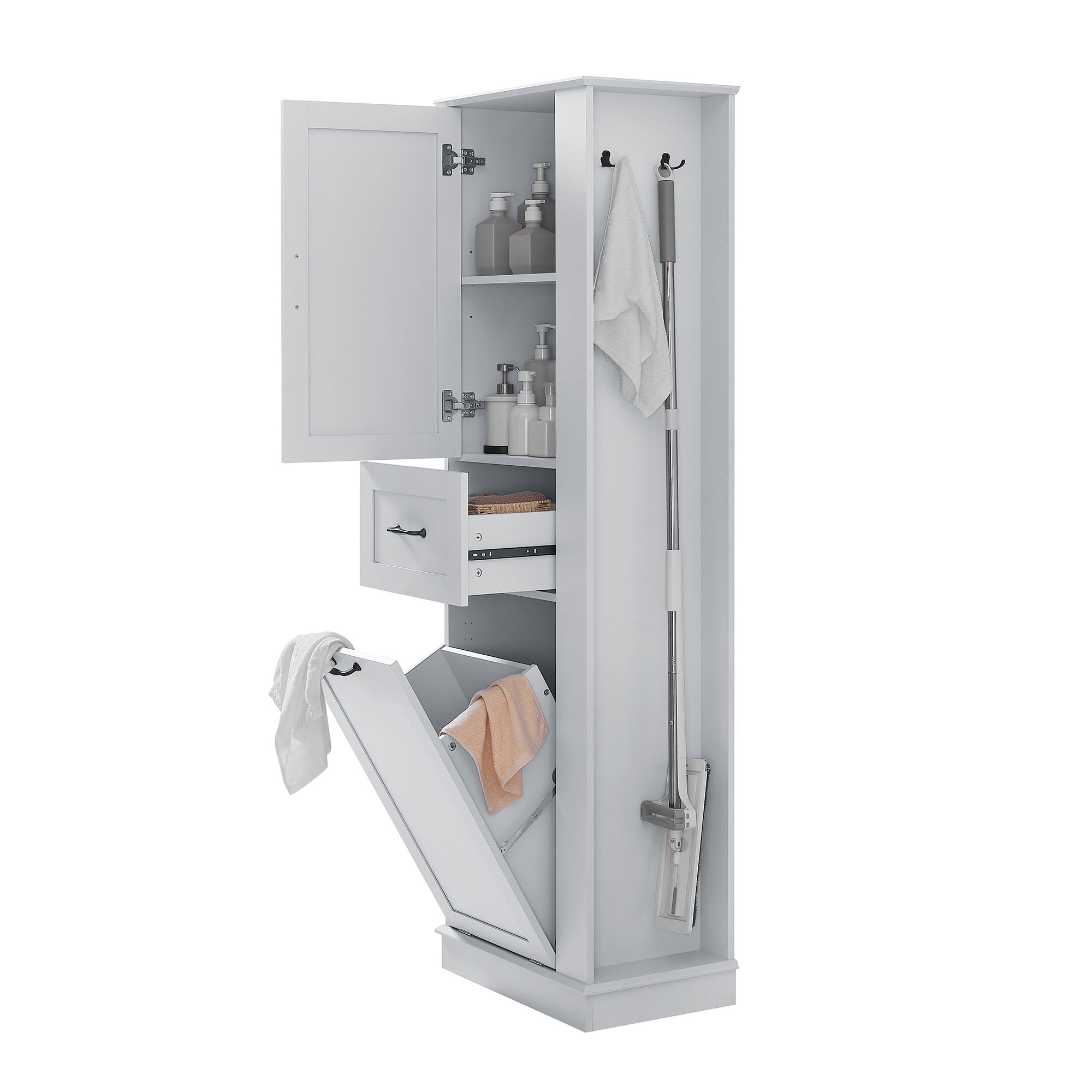 Modern Tall Storage Cabinet With Tilt-Out Compartment, Adjustable Shelves
