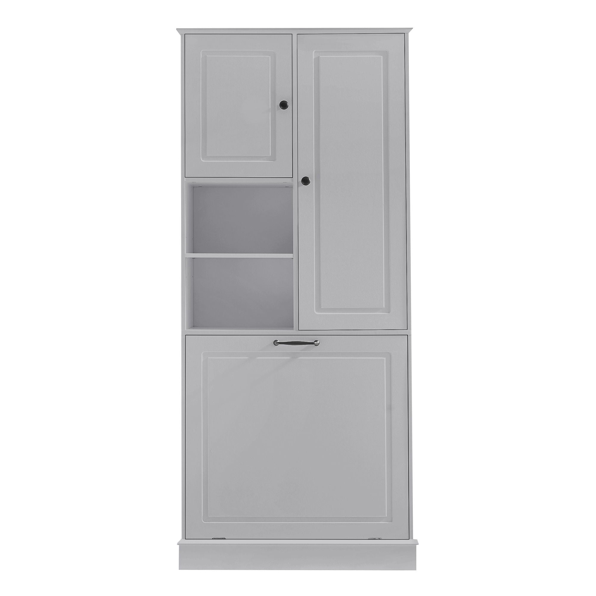 Modern Tall Storage Cabinet With Adjustable Shelves, Flip-Out Basket & Enclosed Doors