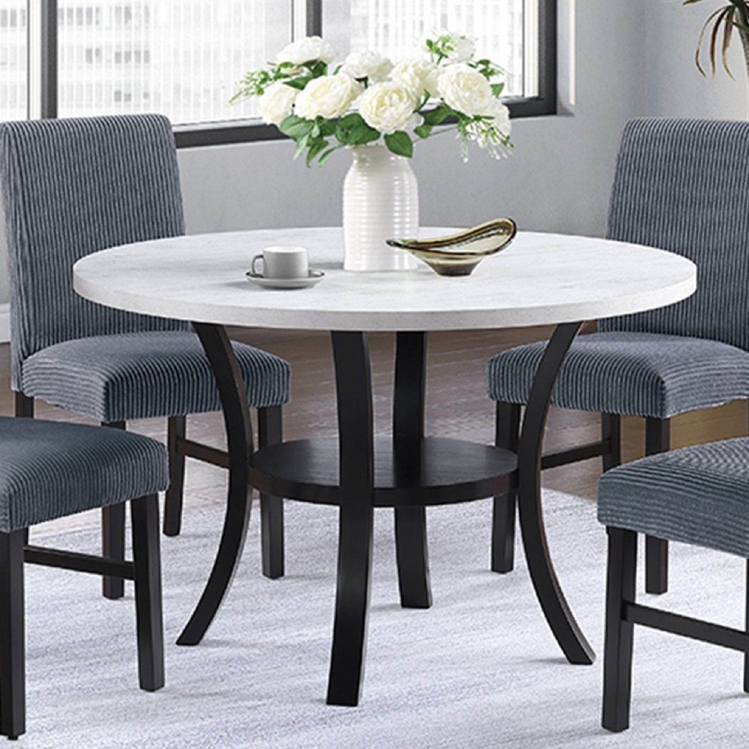Elegant 5 Piece Dining Set Dark Chairs Top Table With Lower Shelf Kitchen Dining Room