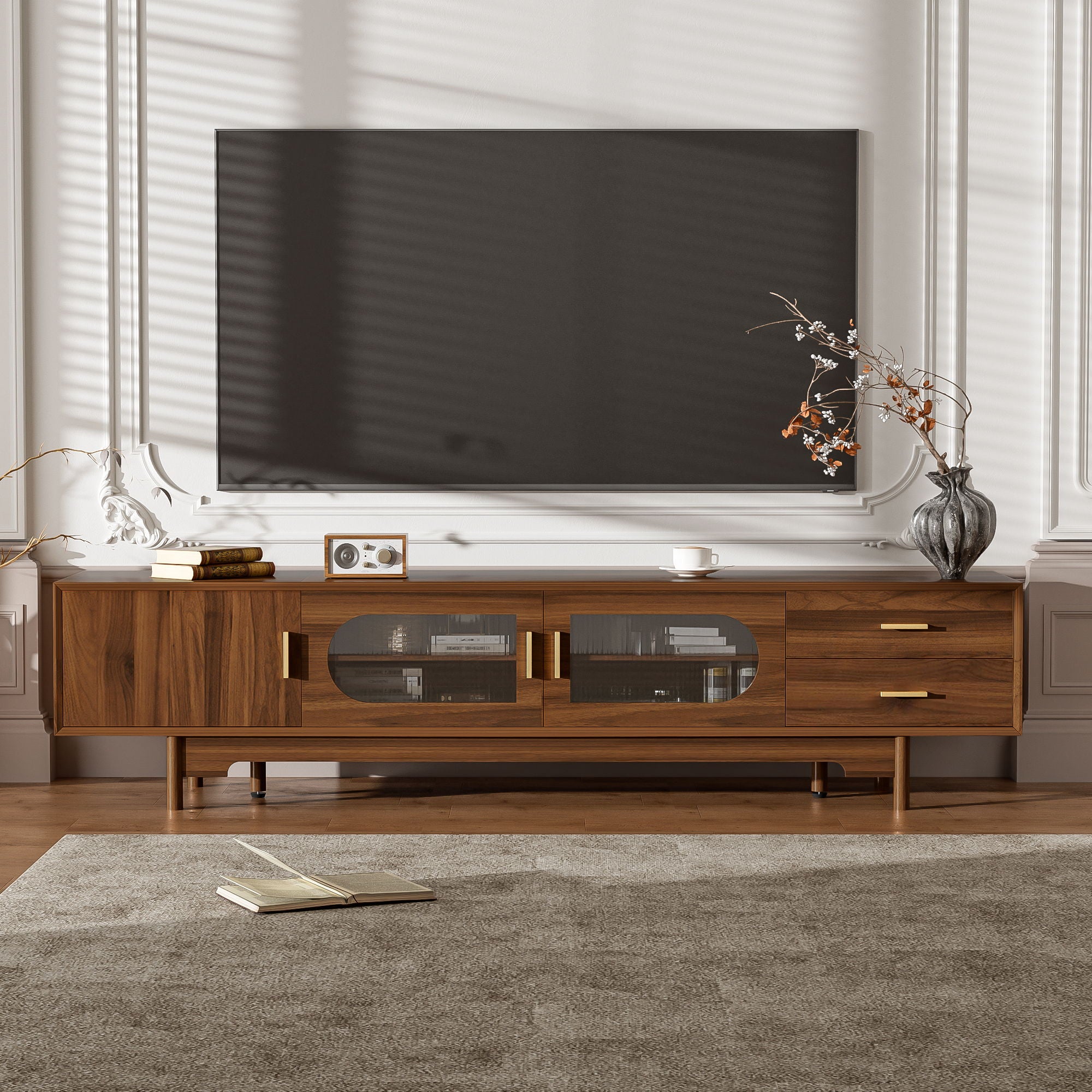 Modern TV Stand With Fluted Glass Doors & 2 Drawers