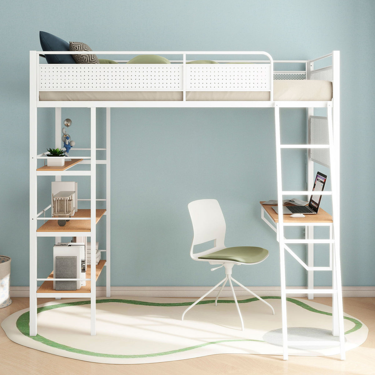 William - 3 Shelf Workstation Loft Bed With Built-In Desk And Storage