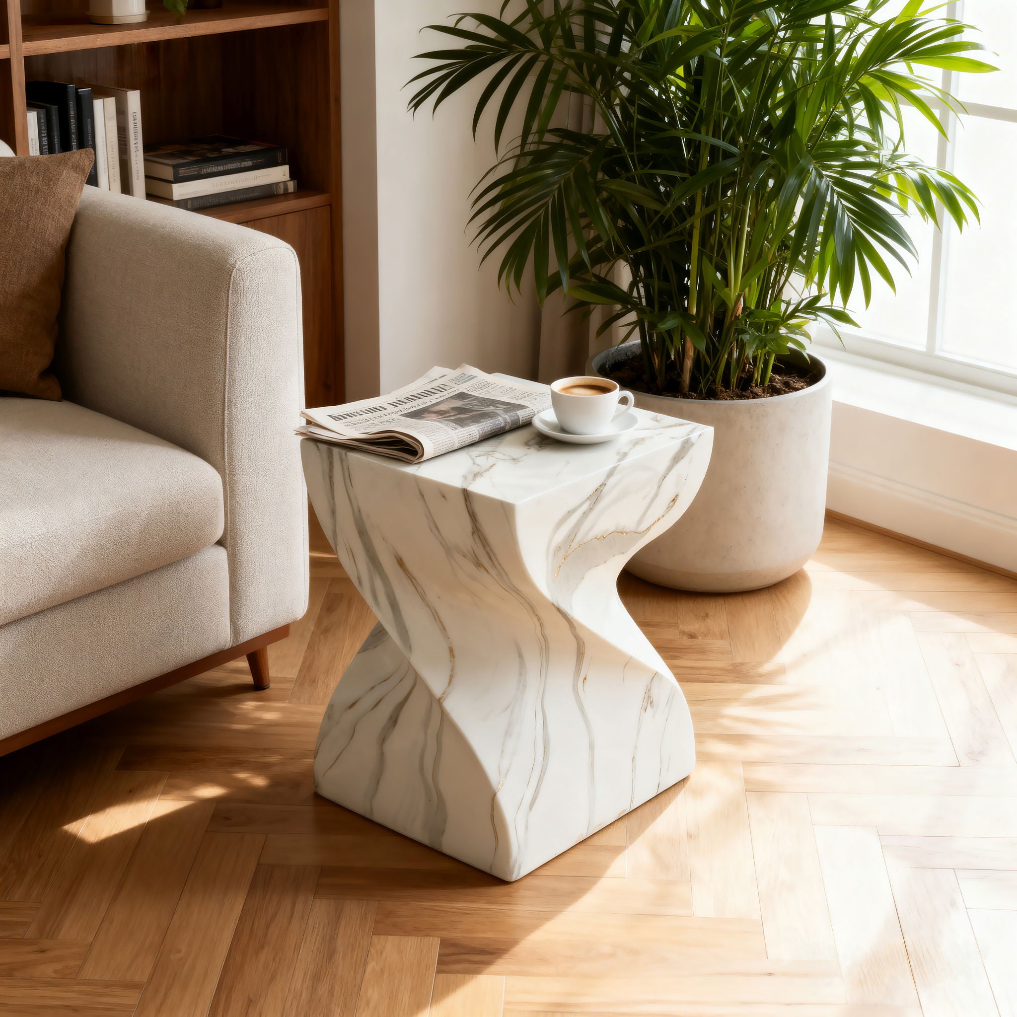 Outdoor End Table, Round Side Table For Patio And Garden - Marble
