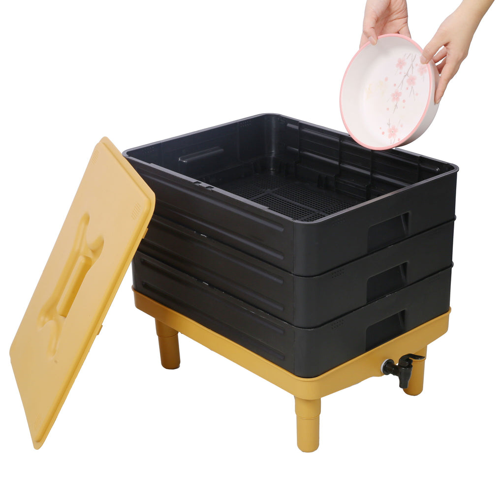 Durable 3 Tray Worm Farm Kit For Efficient Vermicomposting, 65L Capacity - Yellow / Black