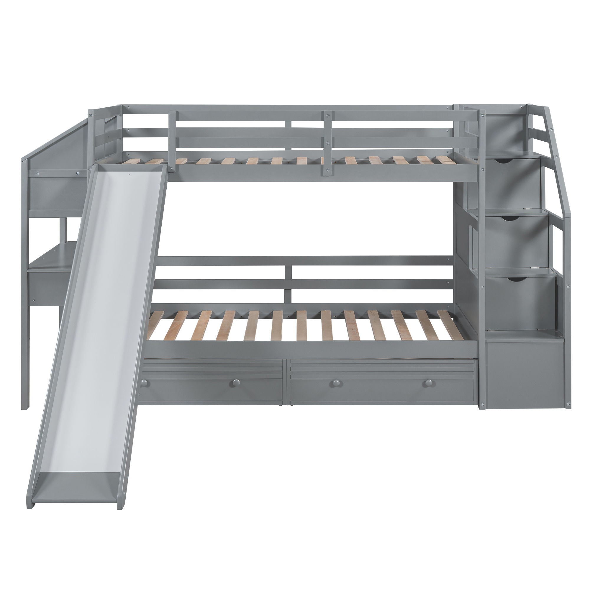 Bunk Bed With Storage Staircase, Slide, Desk, Drawers, And Shelves