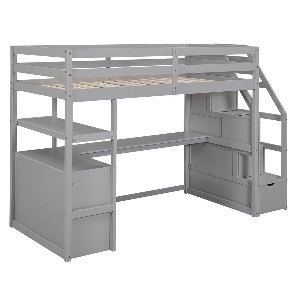 Loft Bed With Desk, Shelves, 2 Drawers, Storage Staircase
