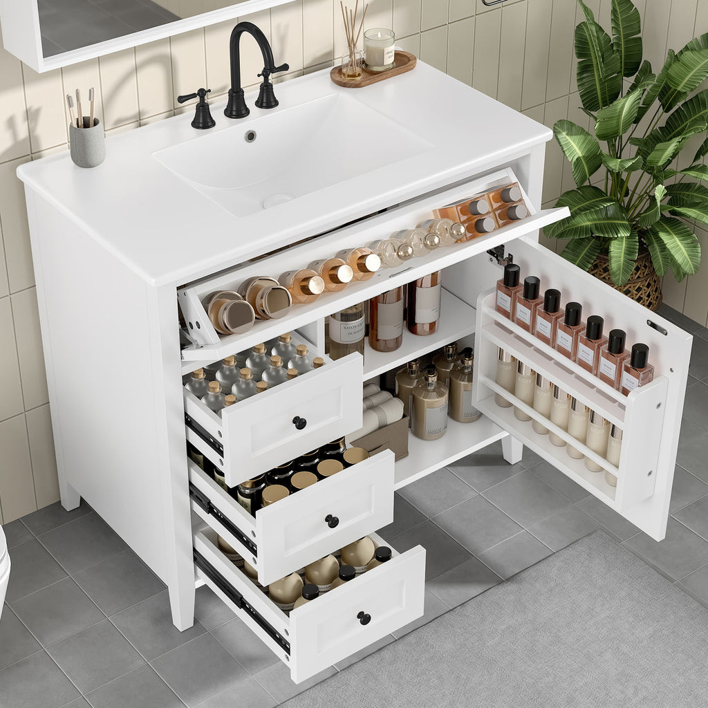 Bathroom Vanity With Sink, 3 Drawers & Cabinet With Adjustable Shelves