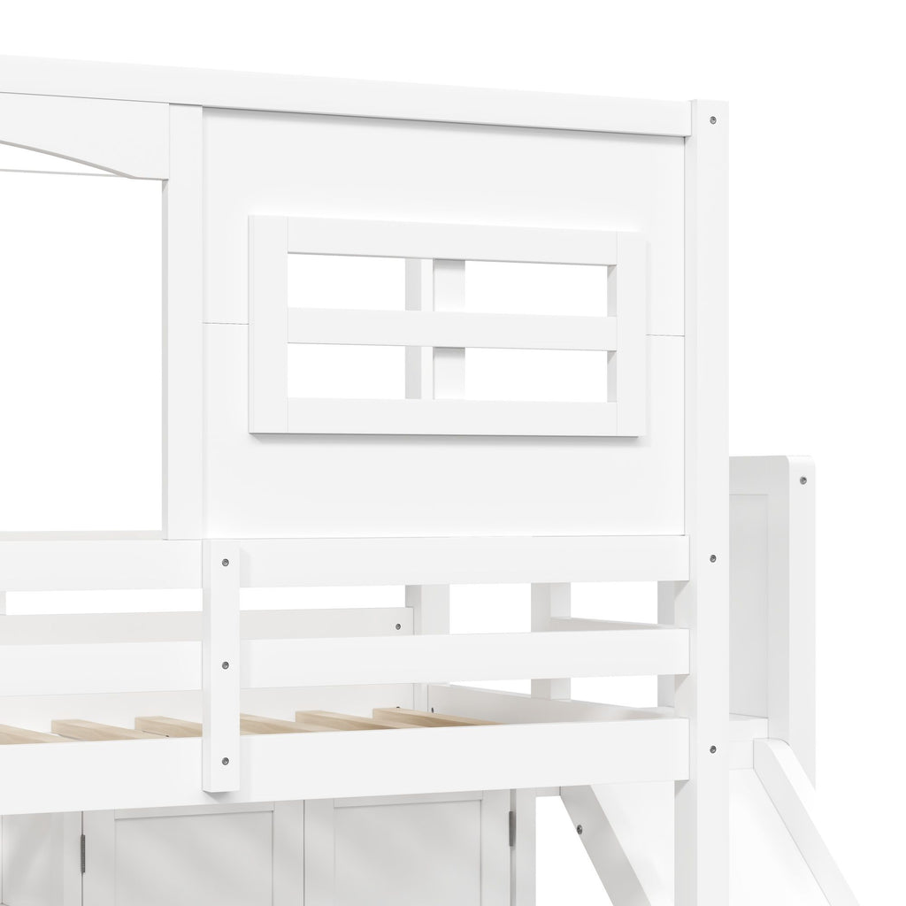 Twin Size Loft Bed With Wardrobe, Storage Shelves, Slide And LED - White