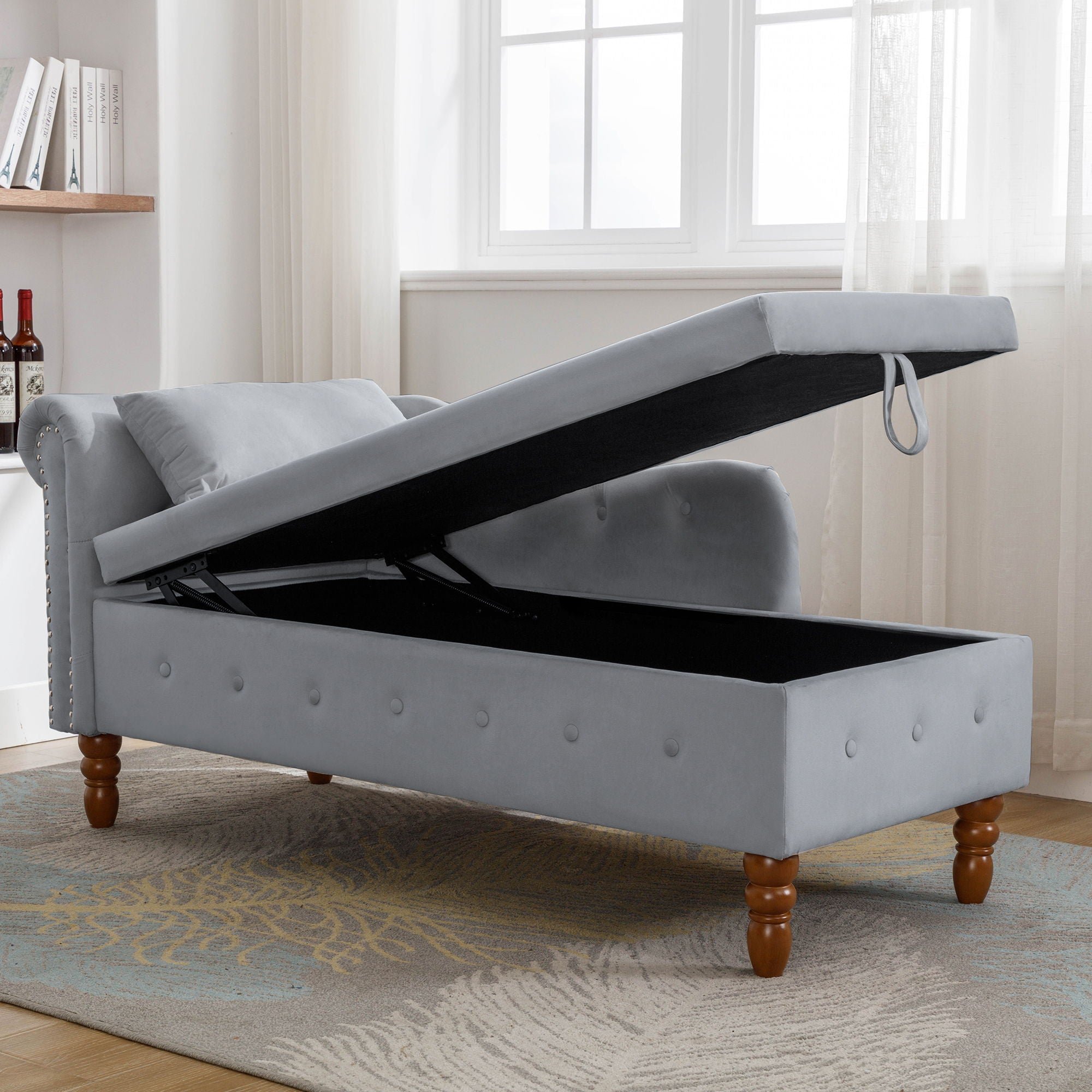 Chaise Lounge Indoor, Lounge Chair For Bedroom With Storage & Pillow, Modern Upholstered Rolled Arm Chase Lounge For Sleeping With Nailhead Trim For Living Room Bedroom Office