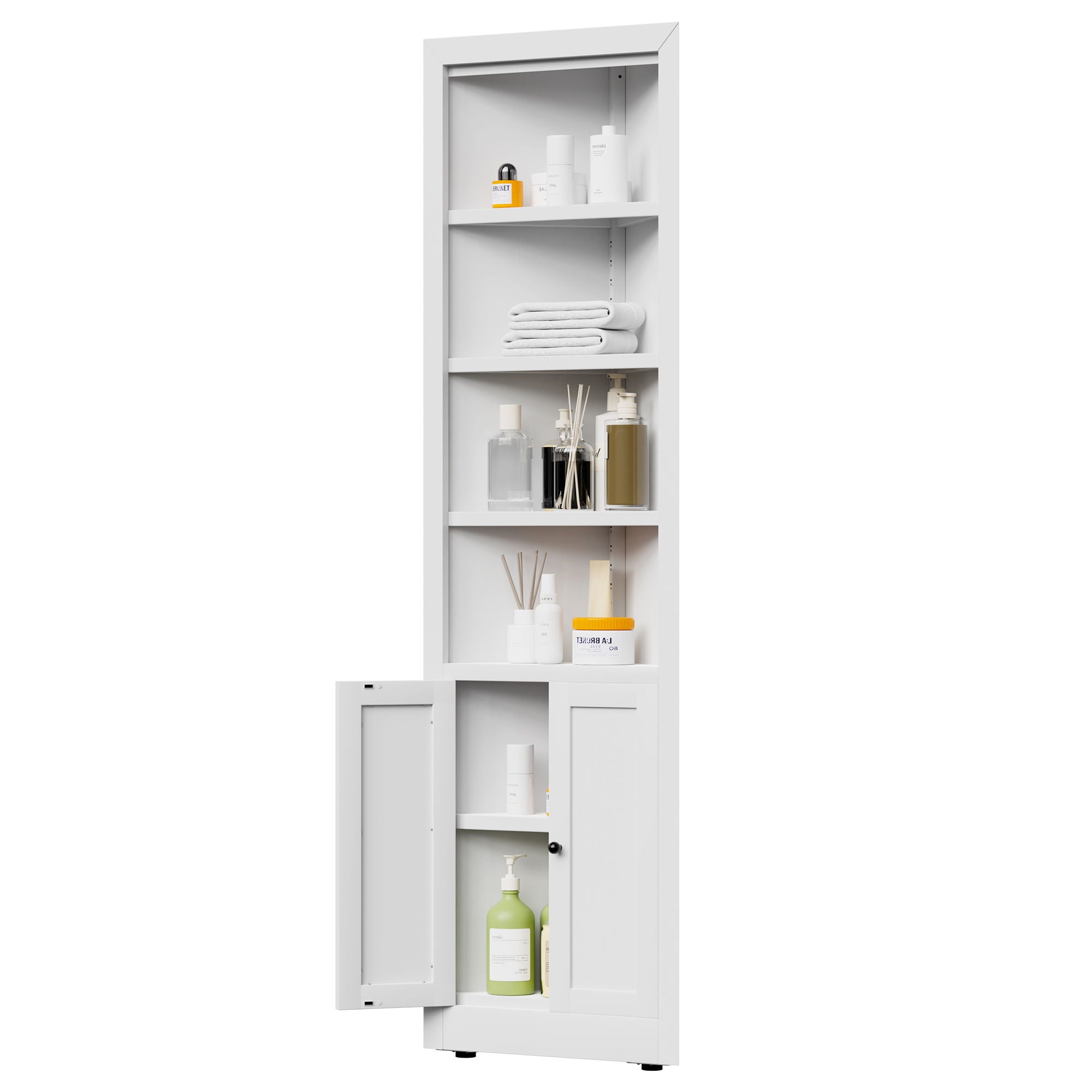Tall Corner Storage Cabinet With 2 Doors, 5-Tier With Adjustable Shelve, Freestanding - White